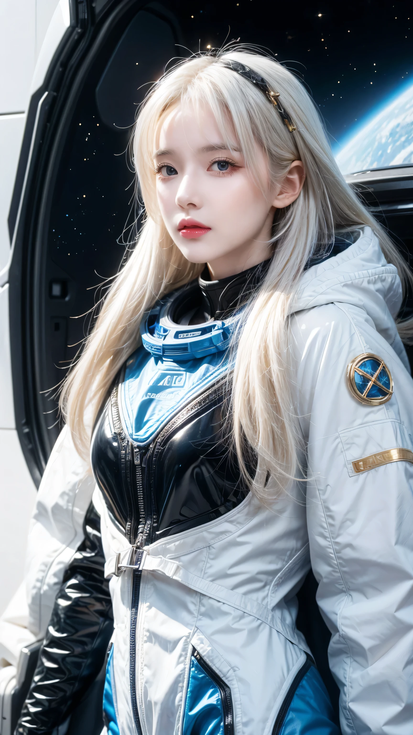 woman ,golden white hair,blue eyes,,,Black space suit