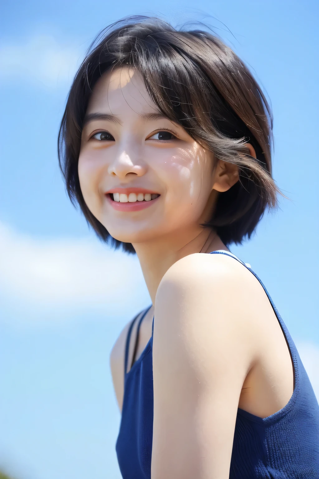 highest quality、超A high resolution、(Photorealistic:1.4)、blush、cute、(Detailed face)、A light smile、Looking at the camera、Upper body、generally、sunny day、big、blue sky、Chi、Whole Body Ezbian、short hair