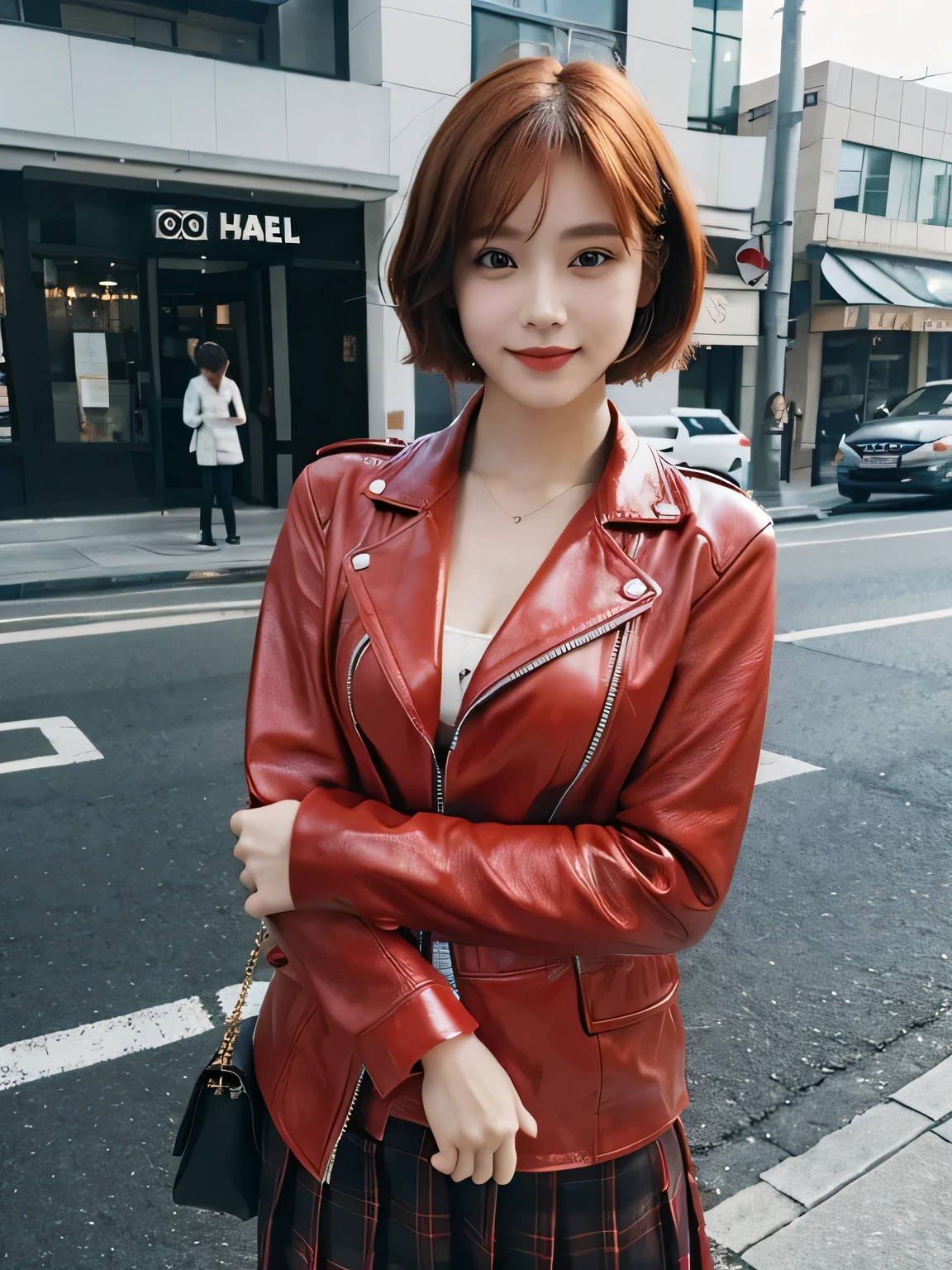 smile, Bewitching eyes, well-balanced eyes, //street snap //wearing chanel red setup leather suit, shirts, skirt//breast focus, ((facing viewer)), //at the street, //japanese lady, pale skin, //droopy eyes,//short orange hair, //((standing)), high quality:1.3, Professional lighting:2.0 realistic:1.2, 4k resolution, detailed skin, masterpiece:1.1