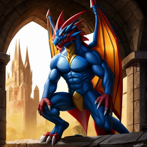 Pokemon druddigon, perched on an arch, sharp design, rigid, gargoyle, strong, blue skin, yellow chest, yellow belly, red face, hand on hip