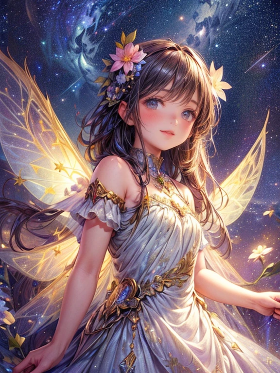 masterpiece:1.2, 8k, highres, ultra-detailed,  (beautiful cute girl), (fairy ornament), (fairy dress), (fairy wings:1.2), ((many fairy)), ((many flowers)), ((starry night landscape)), (beautiful world), (fantasy world), gently smile, sparkling eyes, shining lips, Soaring pose, sparkling Milky Way, soft touch illustration