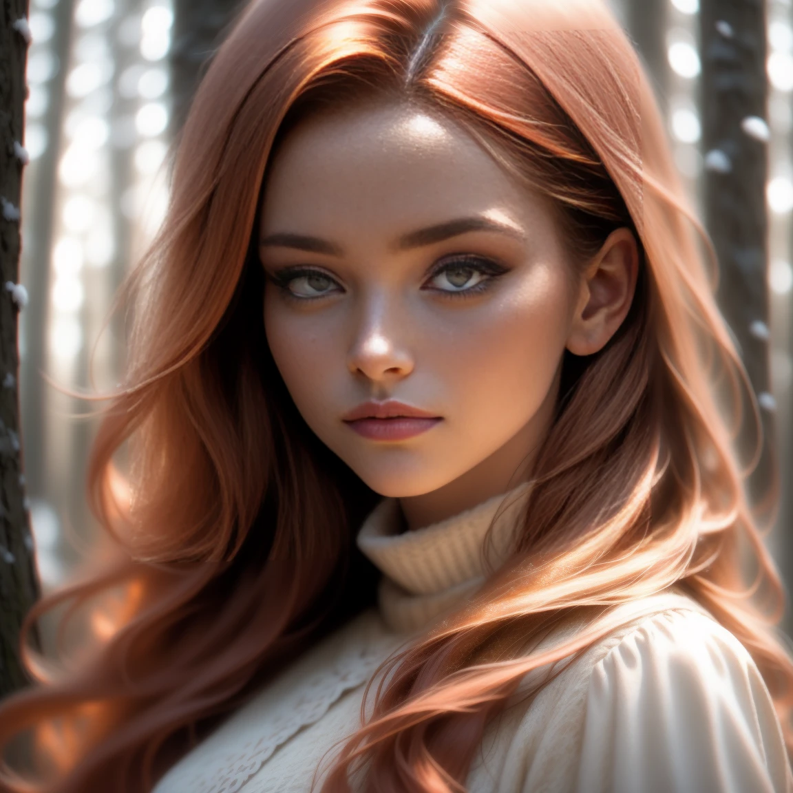 close up of a european woman, ginger hair, winter forest, natural skin texture, 24mm, 4k textures, soft cinematic light, RAW photo, photorealism, photorealistic, intricate, elegant, highly detailed, sharp focus, ((((cinematic look)))), soothing tones, insane details, intricate details, hyperdetailed, low contrast, soft cinematic light, dim colors, exposure blend, hdr, faded