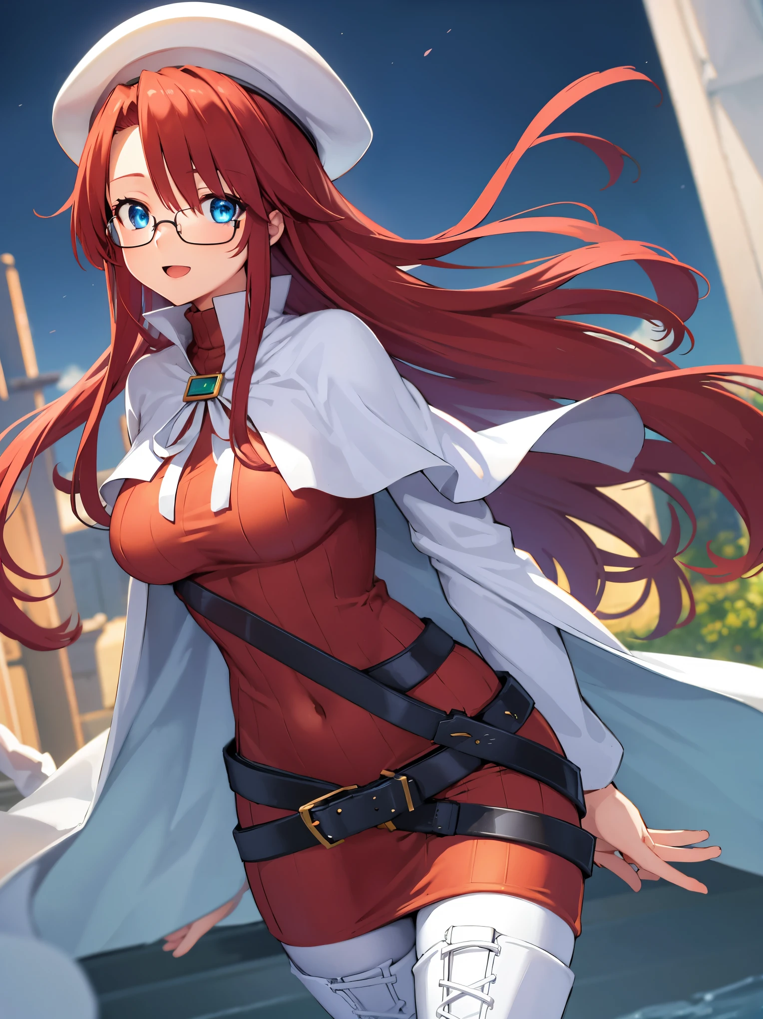 Anime girl with long red hair and white hat walking in the street ...