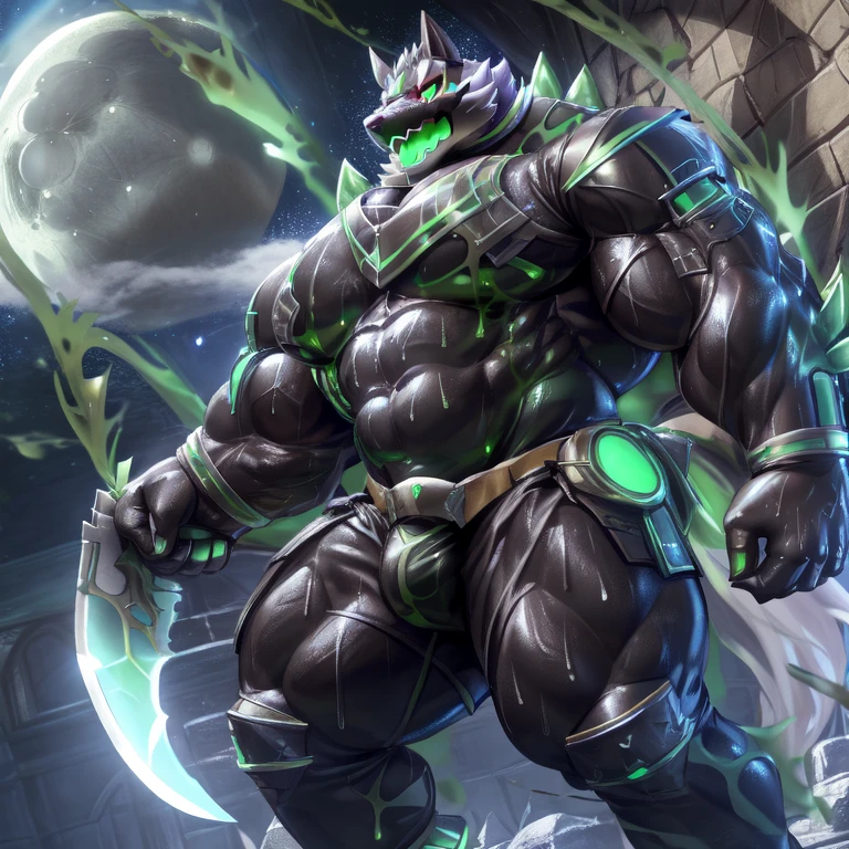 (holding 1 sword:1.2), (moon night), solo, fantasy RPG (dark village:1.2), ((full body)), (thick thighs:1.2), open mouth, (monomasa), male focus, bodysuit, black bodysuit, shoulder armor, armor, (rubber material:1.2), (green slime (substance):1.2), (big muscle:1.1), (big pecs:1.1), (thick arms:1.1), (sweaty:1.2), detailed fantasy RPG village background, highly detailed, anime style, sharp shadows, shaded, soft lighting, (masterpiece:1.3),(best quality:1.4), (extreme detailed illustration), good anatomy, (by lindong, null-ghost), (detailed RPG CG)