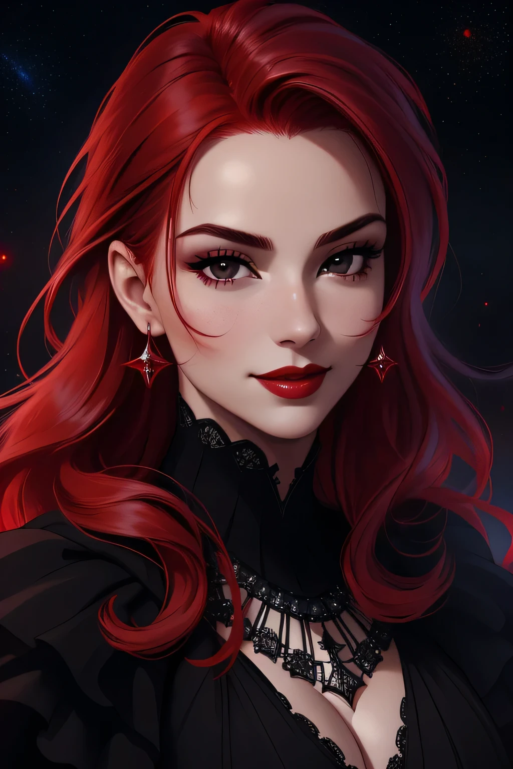 face close up, portrait shot, ((vivid red hair)), mature woman, 30 years old, diamond face, red starry sky background, depth of field, magic, big red lips, ((dark and black eyes)) black and red long and full dress, covered chest, mystical atmosphere, ominous shadows, Intense blue aura, Intense red aura (best quality:1.2), absurdres, intricate details, (highly detailed skin:1.2), smile expression, posing, taut and well defined body, attractive. Highly realistic, white skin, beautiful, hyperrealism, skin very elaborated, direct gaze,