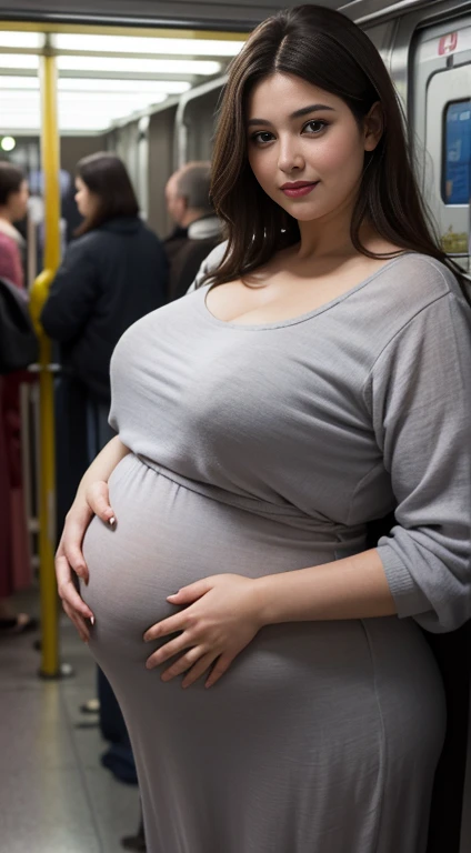 1 woman, smile, full body, obesity: 1.2, middle-aged woman: 1.3, beautiful woman: 1.3, (dark brown hair), big breasts, (heavily pregnant), loose dress: 1.3, loose clothes, super detailed face, detailed eyes, double eyelids, blurred background, full fingers, good fingers, on the train,