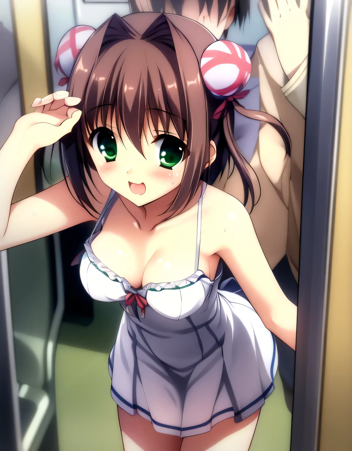 asakura_yume,Brown Hair,Medium Chest,Aqua Eye,White skin,((locker room)),((Are standing)),((Bust up shot)),(((((green_Changing into a summer dress))))),((valley)),No bra,((topless)),Nipples,smile,Open your mouth,