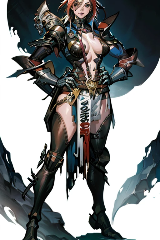 A muscular 28-year-old warrior woman almost naked in Simon Bisley style for the cover of Heavy Metal magazine, colourful mohawk hair, Minimum clothing, Warm coloured and short clothes, cybernetic parts in the body