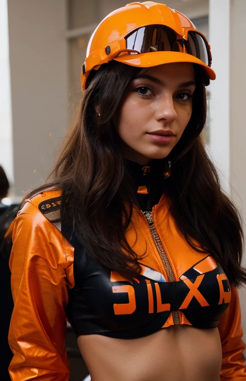 Valentina Rossi 25 years old and from Amsterdam, Netherlands. She a graphic designer and her interests include art, music, travel, photography, fashion, and modelling. Wearing a orange cyber suit with craft manship and no undies or panties.