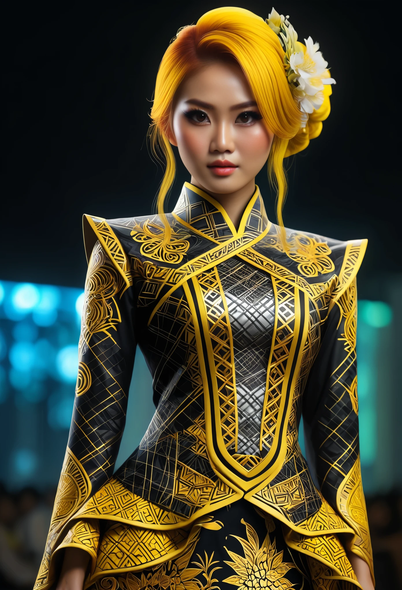 (high quality), (masterpiece), (detailed), 8K, Hyper-realistic digital illustration depicts the (upper body1.3) of a (Japanese woman1.3) with (vibrant yellow hair1.5) and (intense yellow eyes1.5) wearing a (futuristic kebaya1.2) with (intricate batik patterns1.2) inspired by Indonesian culture. Her (fantasy outfit1.2) is adorned with (glowing accents1.2) and (neon lights1.2), reflecting the modern and futuristic atmosphere. In style of Ash Thorp, trending on DeviantArt.