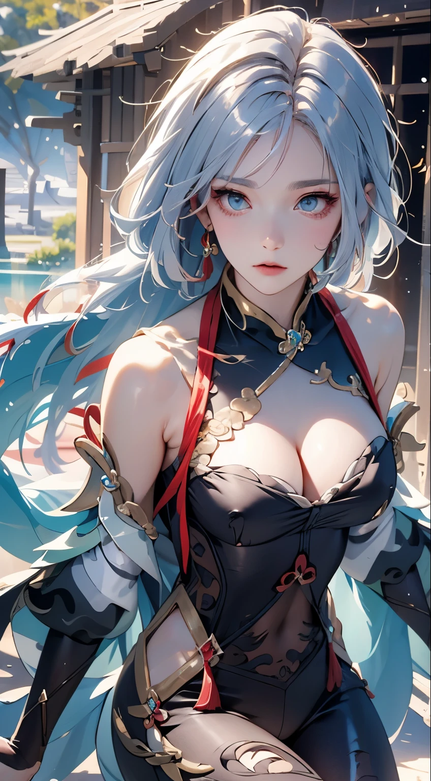 (masterpiece, Highest品質, Highest, Official Art, beautifully、aesthetic, exposed for a long time、Realistic: 1.4), Smooth movement, Captivating patterns, (((shenhe(genshin impact:1.5))))1 girl, No shoulders, chinese girl, （White long hair、Long white hair、Chinese knot）, Portraiture, alone, Thin legs、（Chests wrapped in tights、 A white cloth is draped over it.）An ennui look,, Ultra Wide Angle, gaze observer, Detailed Background, Detailed face, (Crystal AI, Crystal theme: 1.1), Wind Spirit, Spinning wind, Controlling the Wind, Black crystal outfit, Dynamic pose, Suspended particles, Spiritual Power, whirlwind, vapor, whirlwind in background, White Tone, whirlwind, Mysterious atmosphere,
