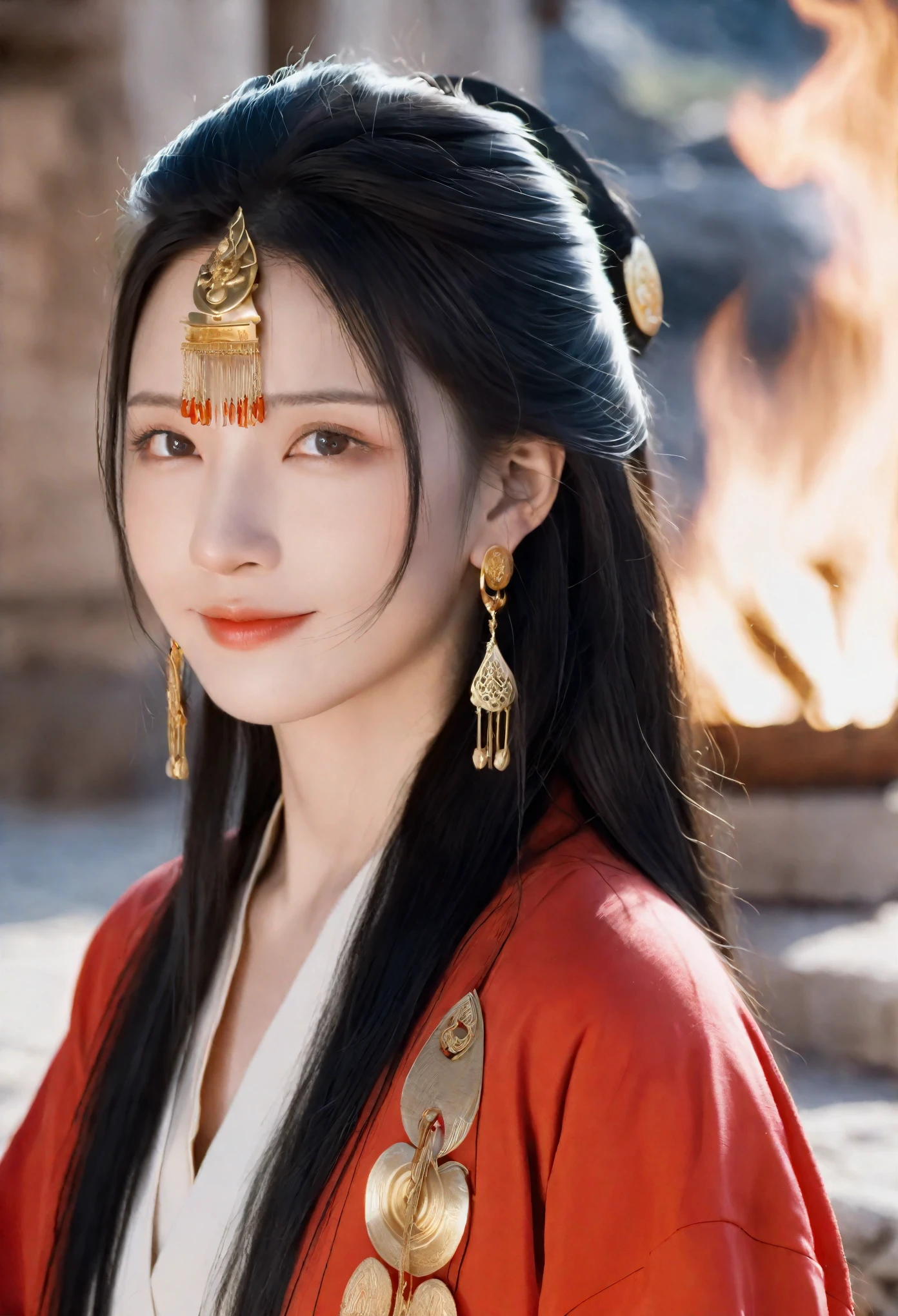 Concept art, fantasy theme, close-up shot, dramatic and highly detailed. A girl with long black straight hair and red eyes, wearing black armor and a red robe. She has a beautiful face and a perfect female figure, adorned with an earring. Her posture is alluring and prestigious, with a focus on her upper body as she looks into the distance with an evil laugh. The background features an indoor scene with ruins and fire, creating a mystical and intense atmosphere. High contrast lighting, Nikon camera, 100mm lens, F1.2 aperture.