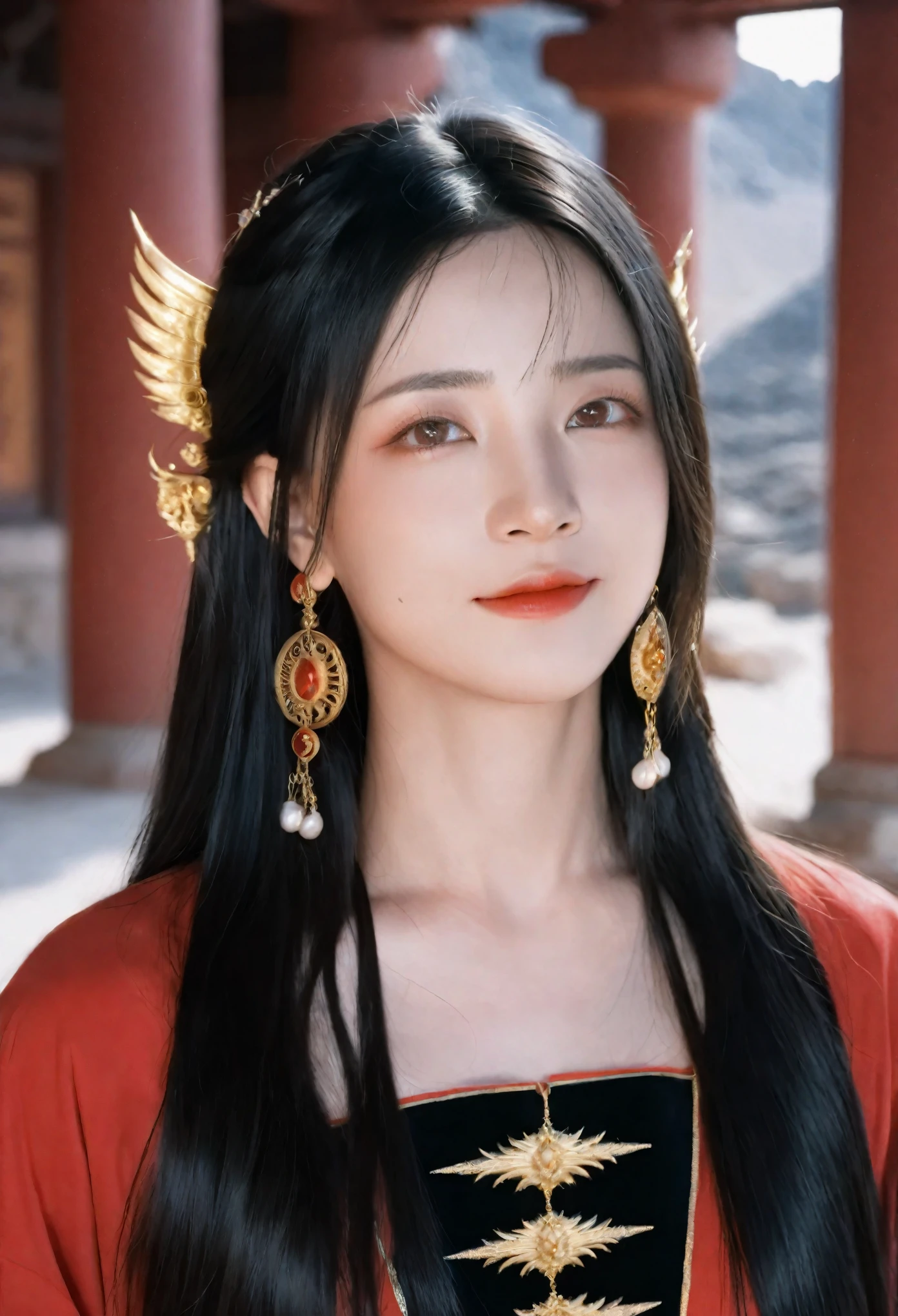 Concept art, fantasy theme, close-up shot, dramatic and highly detailed. A girl with long black straight hair and red eyes, wearing black armor and a red robe. She has a beautiful face and a perfect female figure, adorned with an earring. Her posture is alluring and prestigious, with a focus on her upper body as she looks into the distance with an evil laugh. The background features an indoor scene with ruins and fire, creating a mystical and intense atmosphere. High contrast lighting, Nikon camera, 100mm lens, F1.2 aperture.
