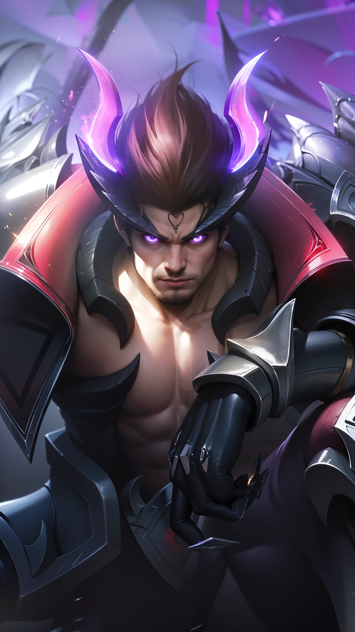 Muscle guy, 1 guy, 8k, ultra hd, ultra detailed texture, hyper realistic, masterpiece, detailed texture, detailed face, detailed skin, detailed lighting, (photorealistic:1.5), best quality, beautiful lighting, cinematic lighting, professional lighting, ultra highres, realistic, detailed hair, real hair, high quality, (realskin:1.5), extremely detailed, finely detail, ultra-detailed, standing, demon horns, forehead protector, (purple light eyes), v-shapped eyebrow, black armor, depth of field, looking aways