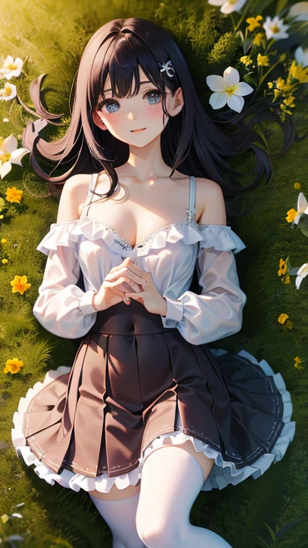 masterpiece, highest quality, One girl, View your viewers, Small waist, RAWphotograph,Hands intricately、Beautiful fingertips、 Ultra-realistic, High resolution, photograph, Sharp focus, Most detailed, Very detailed, Super detailed, In detail, Very detailed目と顔,Very detailed手と指、Idol、Thighs, beautiful girl,View your viewers, Small waist,Symmetrical face, whole body、White lace skin tight fabric、No sleeve、White lace micro skirt、White lace knee socks、Cleavage、Large Breasts、Beautiful clavicle、Long Hair、腰に赤い大きなリボンはだけたThighs、Beautiful navel、美しいCleavage、The bouncing breasts、Lying on your back、grass、Shyness