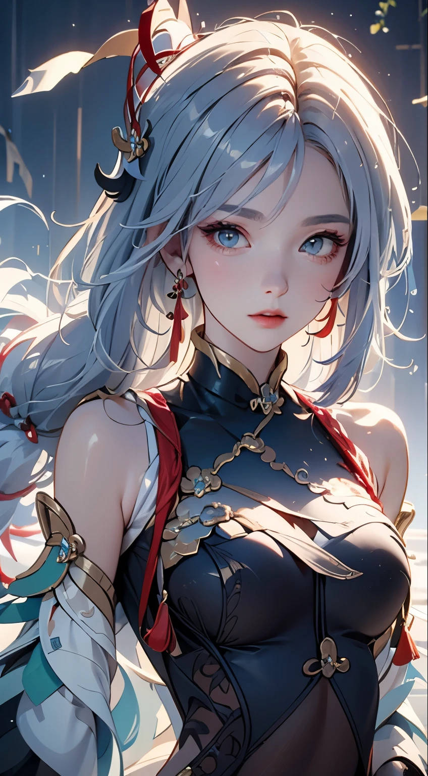 (masterpiece, Highest品質, Highest, Official Art, beautifully、aesthetic, exposed for a long time、Realistic: 1.4), Smooth movement, Captivating patterns, (((shenhe(genshin impact:1.5))))1 girl, No shoulders, chinese girl, （White long hair、Long white hair、Chinese knot）, Portraiture, alone, Thin legs、（Chests wrapped in tights、 A white cloth is draped over it.）An ennui look,, Ultra Wide Angle, gaze observer, Detailed Background, Detailed face, (Crystal AI, Crystal theme: 1.1), Wind Spirit, Spinning wind, Controlling the Wind, Black crystal outfit, Dynamic pose, Suspended particles, Spiritual Power, whirlwind, vapor, whirlwind in background, White Tone, whirlwind, Mysterious atmosphere,
