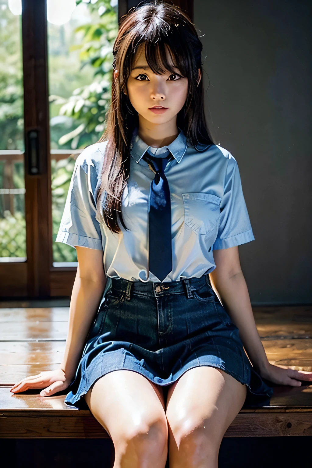 masterpiece、high resolution、High Detail、8k wallpaper、((Very beautiful face、Cute face))、Light brown eyes、((Beautiful double eyelids))、Well-formed face,Whole Body Ezbian、Serafuku,Summer clothes、Blue tie、Blue Skirt、Beautiful girl, high school girl、15-year-old student、Hairstyles with bangs、great outdoors、Blue Swamp in the Coniferous Forest、Beautiful girlが水の中を歩いてここに来る、Embarrassment、confusion、Ephemeral、Dark Sky、Side light、noise reduction、Pale, soft light、Diffuse Light、