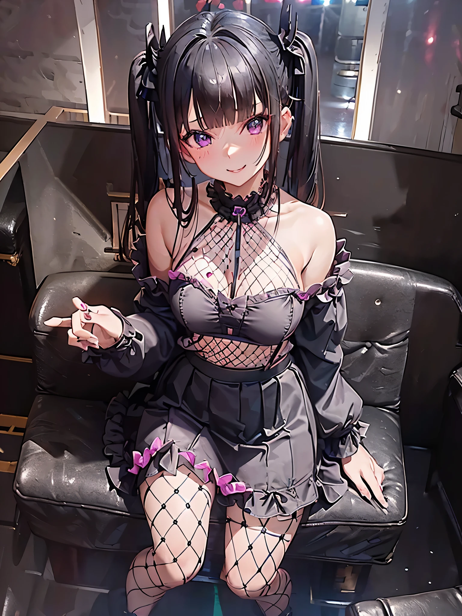 (8k、Top image quality、top-quality、Accurate human body、Detailed people、Correct five-finger、4K - ultra-vivid、highest quality, masterpiece, Ultra-high resolution, Detailed Background、The perfect background、
(View from the side),
Oily skin, Sparkling Skin、Realistic skin texture、Detailed beautiful skin、Shiny skin、Glowing Skin,
masterpiece)、
Black hair in twin tails、short hair、Wavy Hair、Blunt bangs、Purple eyes、Expressionless、Piercing modest chest、Pink frilly outfit、Off-the-shoulder strapless、Black mini skirt、((Fishnet tights))、Platform leather shoes、bewitching female brat、
(((Dim lighting)),(Sit on a big Velvet leather sofa、She looked up as if she was sticking close to me.、Night round:1.2, lounge girl:1.3, Sit right next to me:1.3, POV:1.2, drink alcohol)、(A sweet, ecstatic face:1.5)