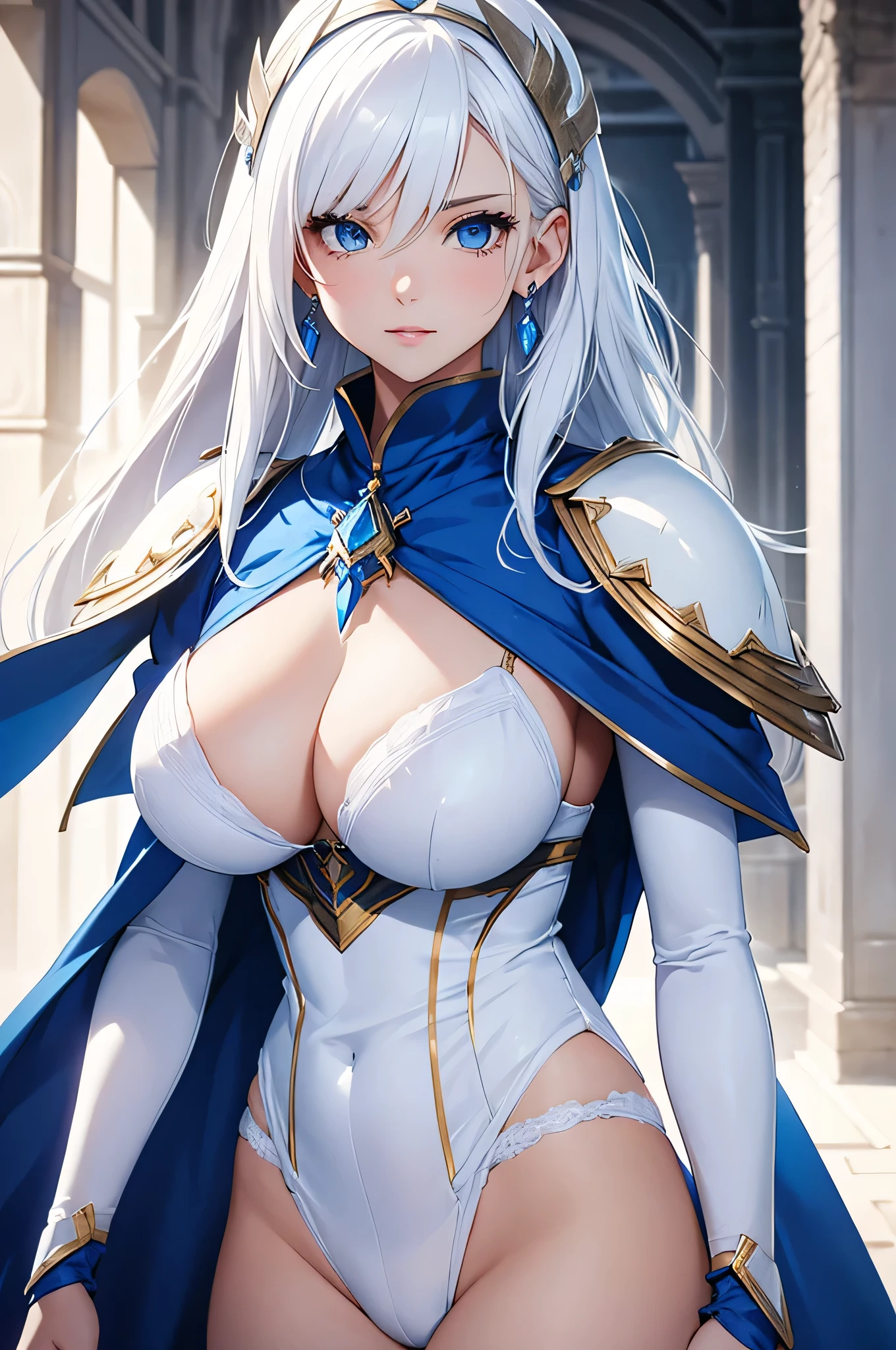 beautiful girl, White Hair, Blue eyes, White armor like underwear、 Big Breasts、Blue Cape、Blue Necklace、In close range、Blue earrings、