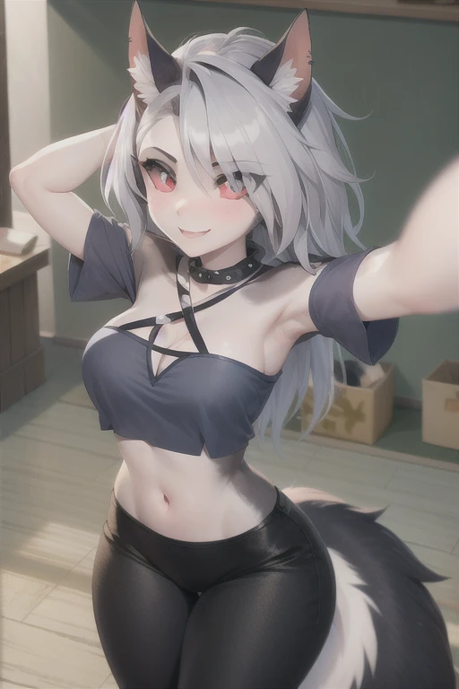 1 girl, solo, furry, fox, cute face, ambient light, ultra detailed hair, volumetric light, gray hair, blue eyes, wearing mini dress, lifted dress, visible genitals, pussy