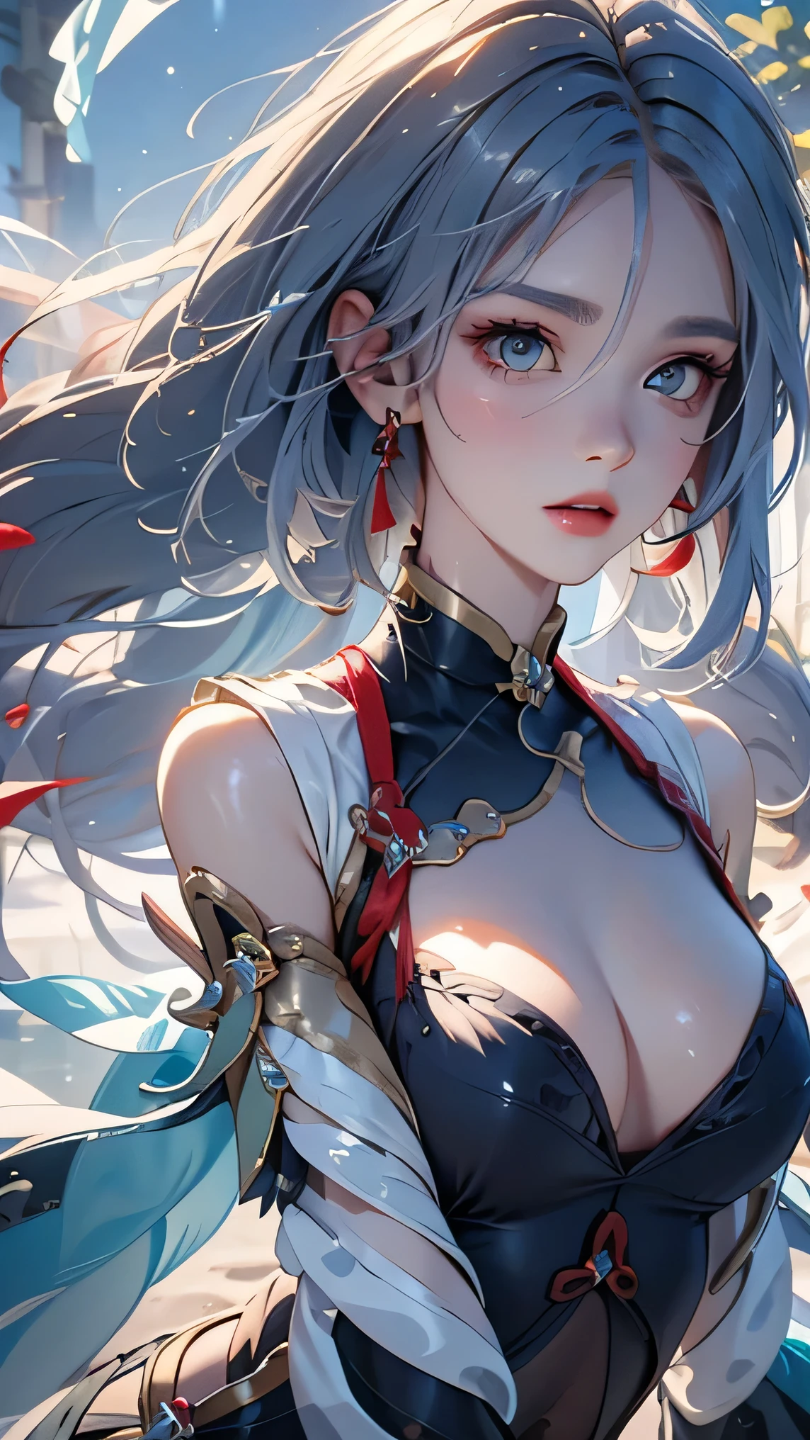 (masterpiece, Highest quality, Highest, Official Art, beautifully、aesthetic, exposed for a long time、Realistic: 1.4), Smooth movement, Captivating patterns, (((shenhe(genshin impact:1.5))))1 girl, No shoulders, chinese girl, (White long hair、Long white hair、Chinese knot), Portraiture, alone, Thin legs、(Chests wrapped in tights、 A white cloth is draped over it.)An ennui look,, Ultra Wide Angle, gaze observer, Detailed Background, Detailed face, (Crystal AI, Crystal theme: 1.1), Wind Spirit, Spinning wind, Controlling the Wind, Black crystal outfit, Dynamic pose, Suspended particles, Spiritual Power, whirlwind, vapor, whirlwind in background, White Tone, whirlwind, Mysterious atmosphere,