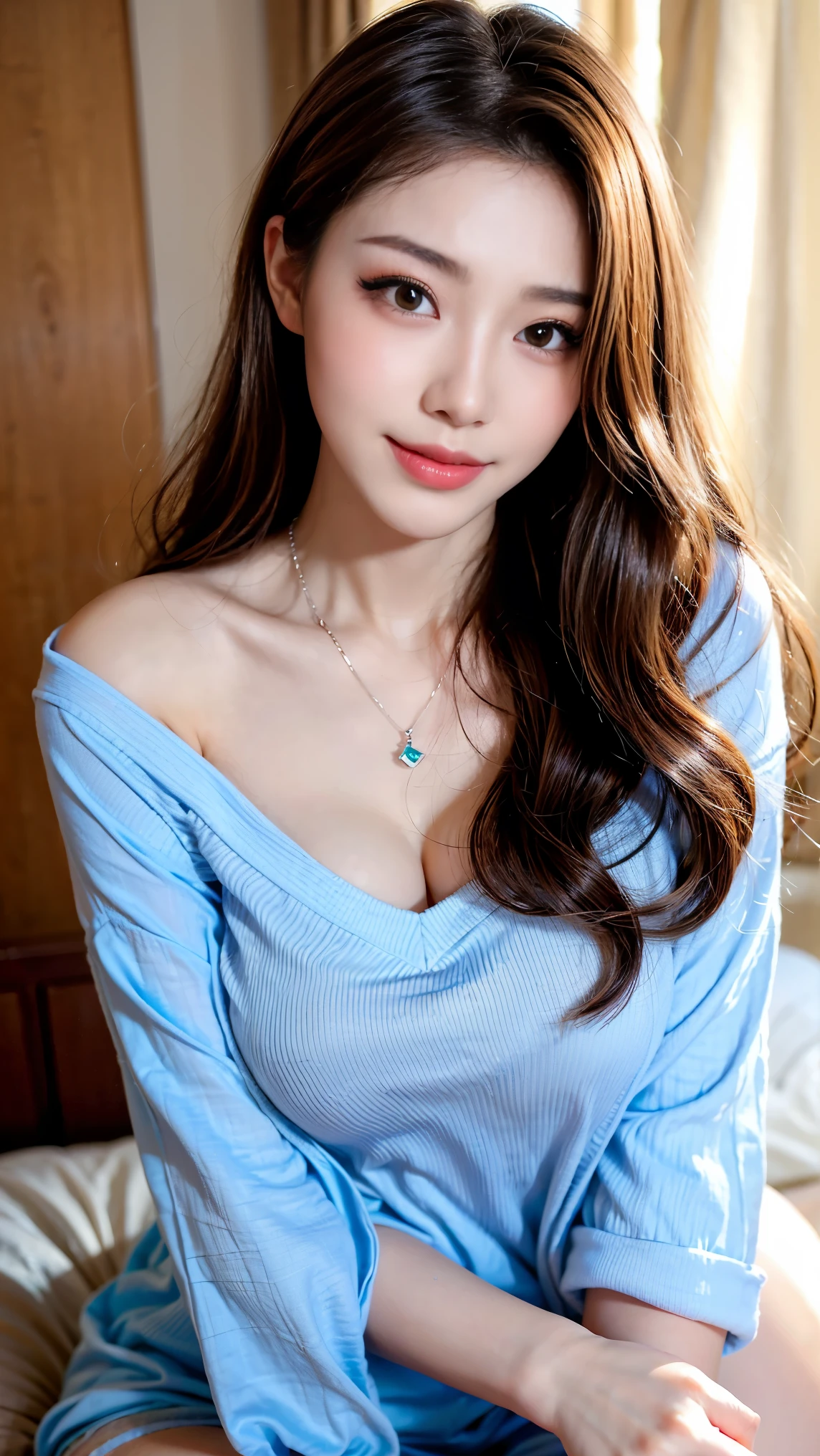 Full body angle、((highest quality, 8k, masterpiece: 1.3)), concentrate: 1.2, Cute Girl 1,The nipples are erect、No bra、 Perfect beauty: 1.4,pajamas: 1.2,Long sleeve、Randall Color、comics&Text Graphics、Black ruffle-trimmed drawstring zip blouse,1.1, 非常に詳細な顔とskinの質感, fine grain, double eyelid, 美白skin, ,highest quality,Ultra-high resolution,you,1 girl,alone,_Shiny_skin,iris,necklace,((Brown_length_Wavy_hair)),(lips)),eyelash,前hair,deal with,Compensate,Shiny,pore,skin texture,Large Breasts、smile、Life、