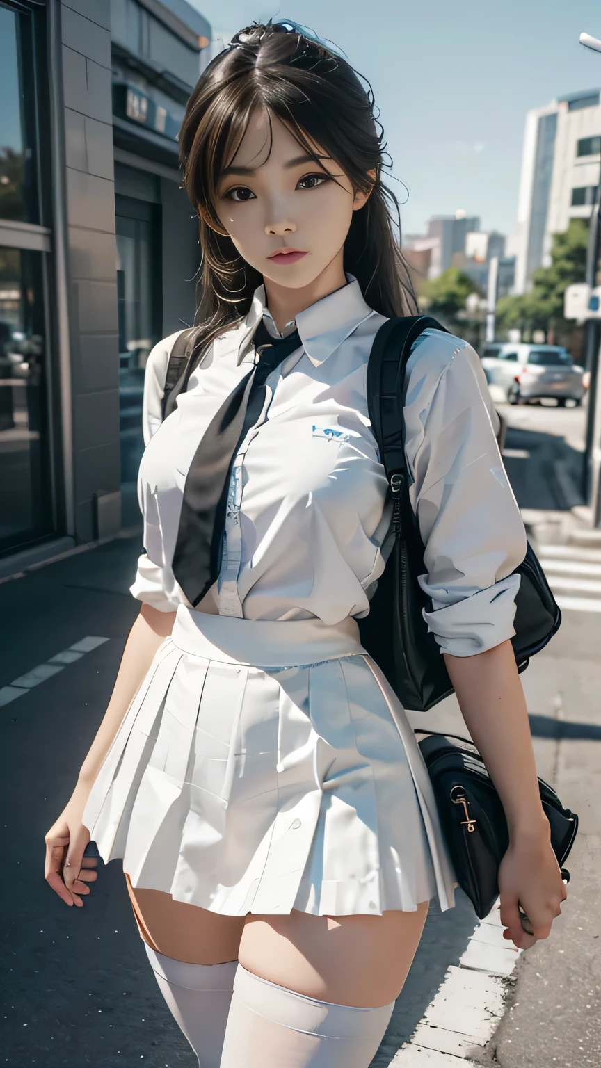 lone woman poses for a photo in a short skirt and white shirt, Surrealism female students, Surrealism female students, Realistic , photorealistic anime girl rendering, thigh highs and skirt, 3 d anime realistic, small curvaceous , wearing skirt and high socks,  carrying a backpack, Photorealistic anime, cute female student, Realistic anime 3 D style, Female Student