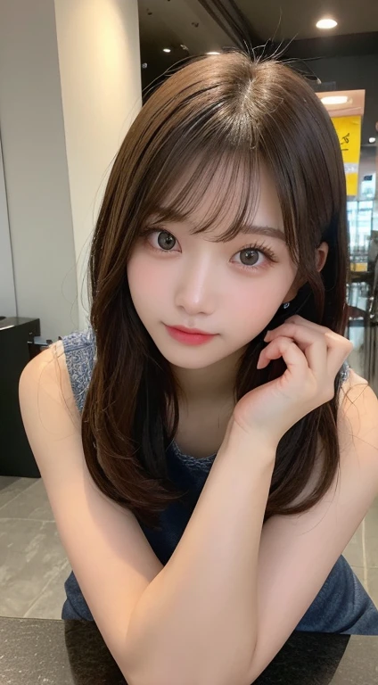 In detail, High resolution, high quality、Perfect dynamic composition, Beautiful fine details, Medium Hair, 、Natural color lip,Kamimei、Shibuya Ward、20-year-old girl、1 person、Clear Skin、Shiny Hair、Tabletop, 最high quality, figure, Very detailed, In detail, High resolution, 8k、The correct state of the human body、squat、Sculpture model pose、Brown haired gal