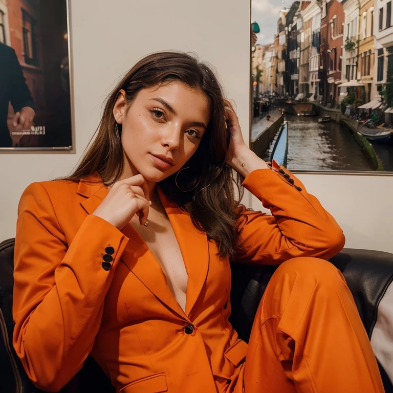 Valentina Rossi 25 years old and from Amsterdam, Netherlands. She a graphic designer and her interests include art, music, travel, photography, fashion, and modelling. her favorite food Italian. Wearing a orange suit.