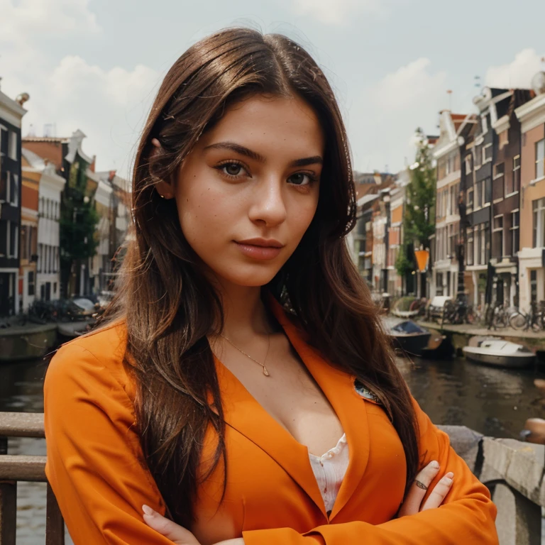Valentina Rossi 25 years old and from Amsterdam, Netherlands. She a graphic designer and her interests include art, music, travel, photography, fashion, and modelling. her favorite food Italian. Wearing a orange suit.