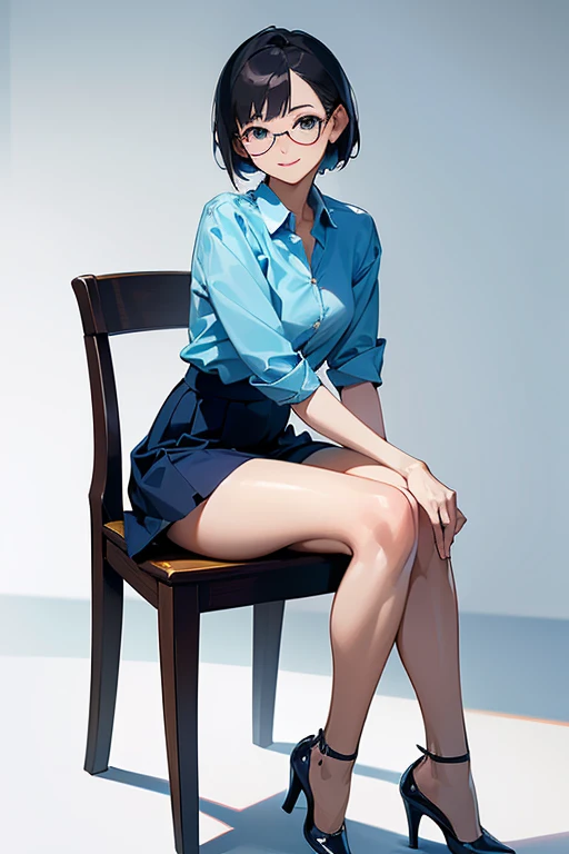 (NSFW:1.0), 
(best quality,8k,high resolution,masterpiece),  (ultra-detailed,realistic), 

((full body)), (Sit on a chair, spread your legs, and show a glimpse of your underwear.), 

(A Japanese woman, 30 years old and 155cm tall.), 

(she has short hair style), 
((she wears glasses with black cell-frame frames)), 
(she is wearing a light blue shirt), (Neat and elegant collared light blue shirt), 　 
(she is wearing a navy blue skirt), 
((she is wearing ankle strap pumps)), 

(Generate detailed images, especially of the eyes), (She looks at me with kind and caring eyes.),  

(She has a pure and peaceful atmosphere. Her gentle smile is very impressive.), 
