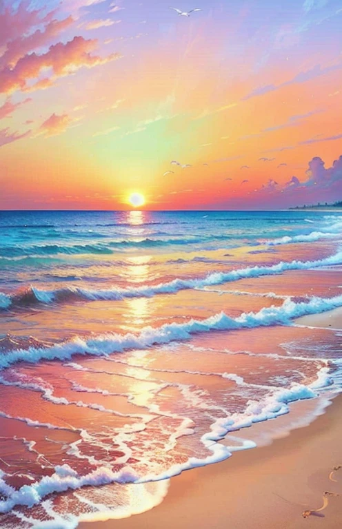 Enchanting sunset over the beach, Orange Blend, pink, The sky turns yellow. Touching the shore gently、Crystal clear sea water, Endless white sand beaches. This scene is dynamic and breathtakingly beautiful., Seagulls soaring high into the sky、Palm trees sway gently. Immerse yourself in a calm atmosphere、Feel at ease.Realistic yet fantastical