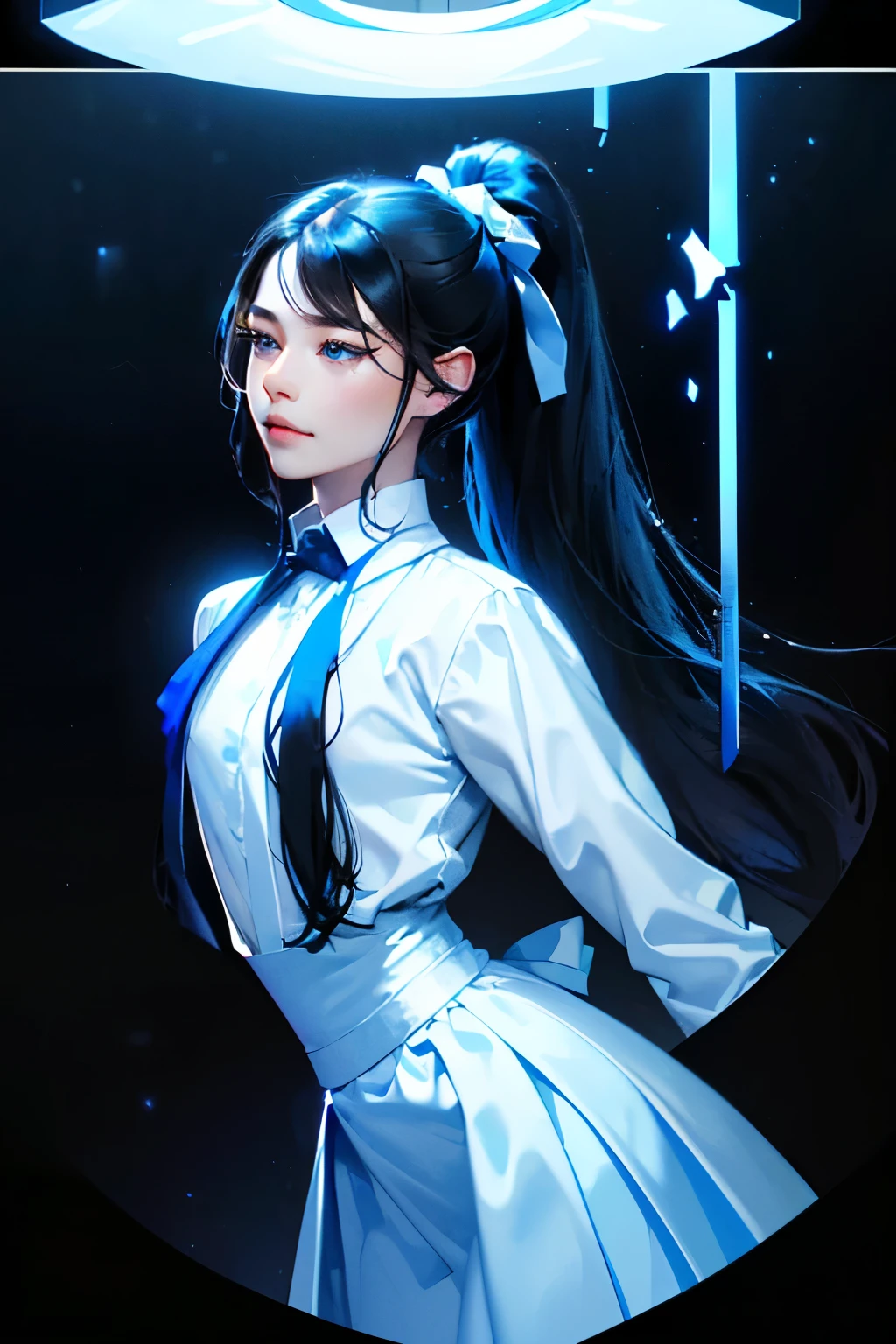 masterpiece, top quality, high resolution, Very detailed, Detailed background,(Lauren Chrome, (Black Hair, Semi-long hair, Ponytail Blue Ribbon),(White shirt, Blue short ribbon tie, Blue long skirt), small, Neat, black eyes,study, Gentle smile), Horizontal Scaling, Chic study room, vase