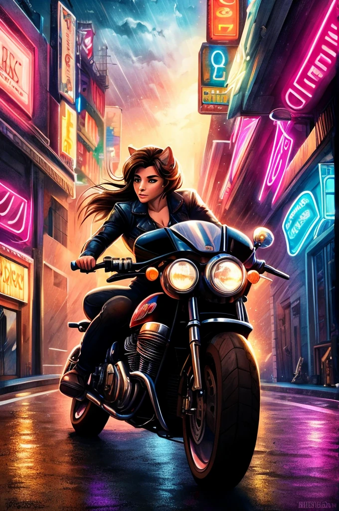 Vintage Style Airbrush Halftone Typography, Worn comic strip featuring an attractive URBAN woman racing a motorcycle down a street between large rays of neon light, Frantic, mucho viento, con gotas de lluvia cayendo por su cuerpo en una noche oscura de Menorca, manchas, polvo negro, penumbra. Dos tonos: light brown, gris y rosa, pasteles suaves, proporcionado, detallado, intimate, fondo blanco para pegatina.