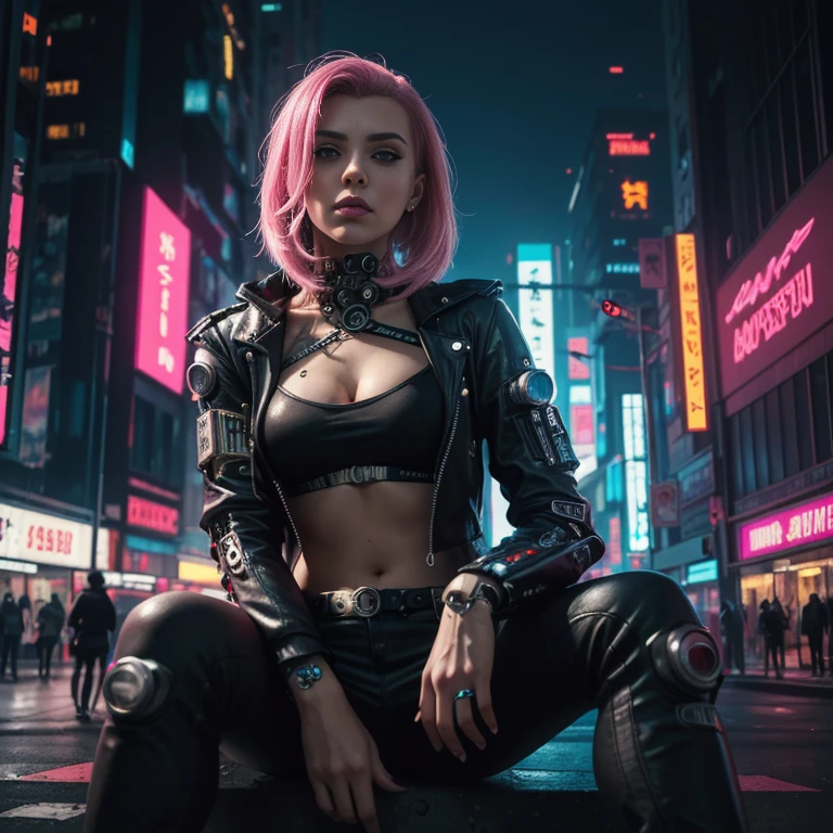 (((medium full shot))), (Masterpiece, photorealistic, photorealism, best quality, ultra-detailed:1.3), (nice hands, perfect hands), official art, cinematic light, (1girl:1.3), adult, a woman with pink hair sitting on top of a wall,cyberpunk art,female cyberpunk girl,cyberpunk girl,dreamy cyberpunk girl,cyberpunk girl,cyberpunk,cyberpunk beautiful girl,digital cyberpunk art,cyberpunk cyborg,neonpunk,cyborg,cyberpunk art,modern cyberpunk