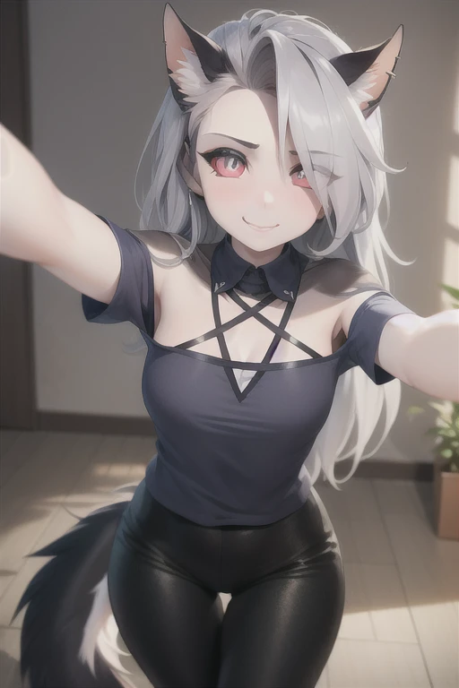 Meisterwerk, best quality, Face portrait of a female Loona hellhound, detailliertes Gesicht, detaillierte Augen, beschnittene Pupillen, White eyes, rote Sklera, Happy, enge Hosen, enge und detailreiche schwarze Leggings, [smile, [Halskette mit Stacheln], Pentagramm], Stehen, Stehen, den Betrachter anschauen, outside, Nachbarschaft im Hintergrund, koketter Ausdruck, selfie, Ein Selfie machen,  zwinkerndes Auge