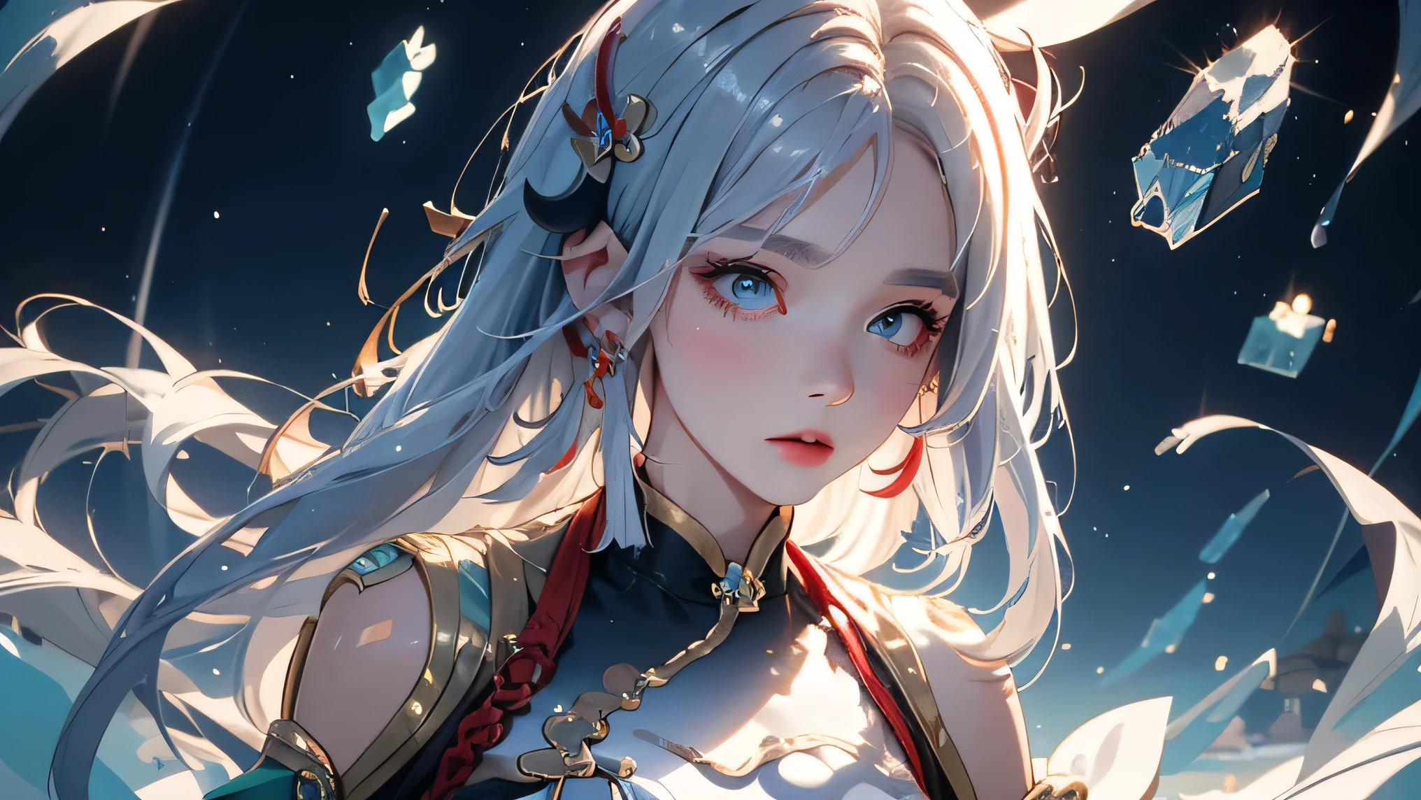 (masterpiece, Highest quality, Highest, Official Art, beautifully、aesthetic, exposed for a long time、Realistic: 1.4), Smooth movement, Captivating patterns, (((shenhe(genshin impact:1.5))))1 girl, No shoulders, chinese girl, （White long hair、Long white hair、Chinese knot）, Portraiture, alone, Thin legs、（Chests wrapped in tights、 A white cloth is draped over it.）An ennui look,, Ultra Wide Angle, gaze observer, Detailed Background, Detailed face, (Crystal AI, Crystal theme: 1.1), Wind Spirit, Spinning wind, Controlling the Wind, Black crystal outfit, Dynamic pose, Suspended particles, Spiritual Power, whirlwind, vapor, whirlwind in background, White Tone, whirlwind, Mysterious atmosphere,
