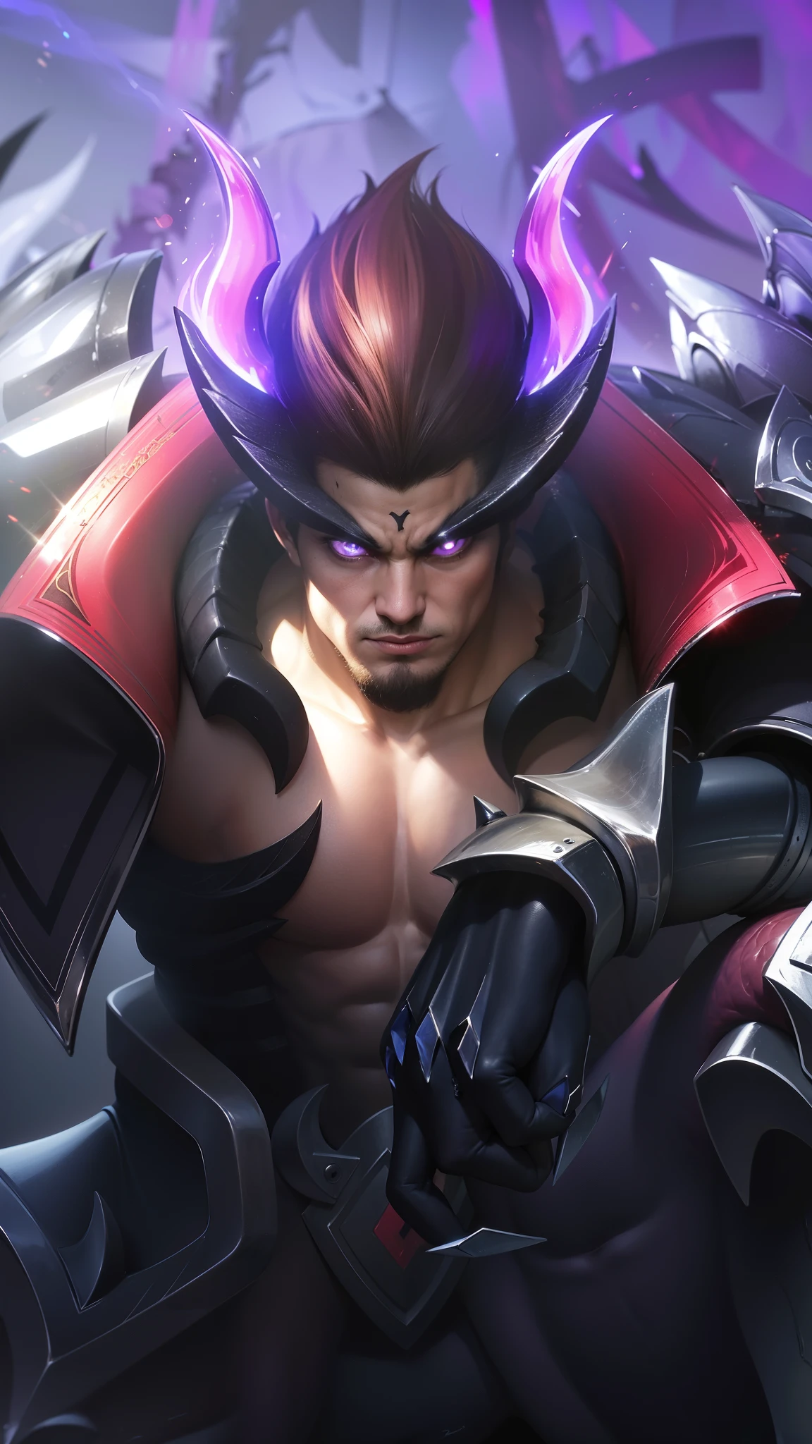 Muscle guy, 1 guy, 8k, ultra hd, ultra detailed texture, hyper realistic, masterpiece, detailed texture, detailed face, detailed skin, detailed lighting, (photorealistic:1.5), best quality, beautiful lighting, cinematic lighting, professional lighting, ultra highres, realistic, detailed hair, real hair, high quality, (realskin:1.5), extremely detailed, finely detail, ultra-detailed, standing, demon horns, forehead protector, (purple light eyes), v-shapped eyebrow, black armor, depth of field, looking aways