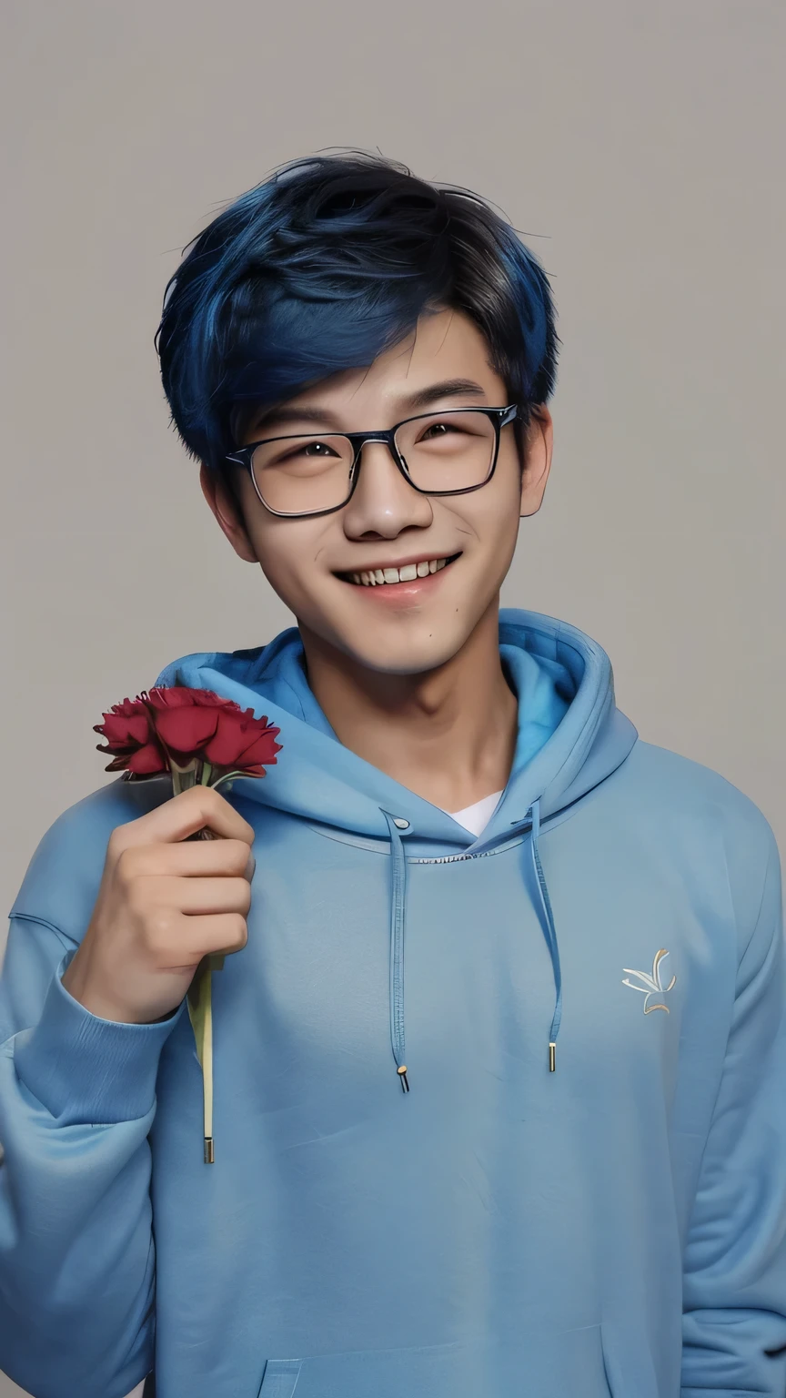 Half body. Hight quality. A boy with blue hoodie korean boy band. Make glasses. Stand to camera. Gave flower . Extrime handsome. Sexy smile