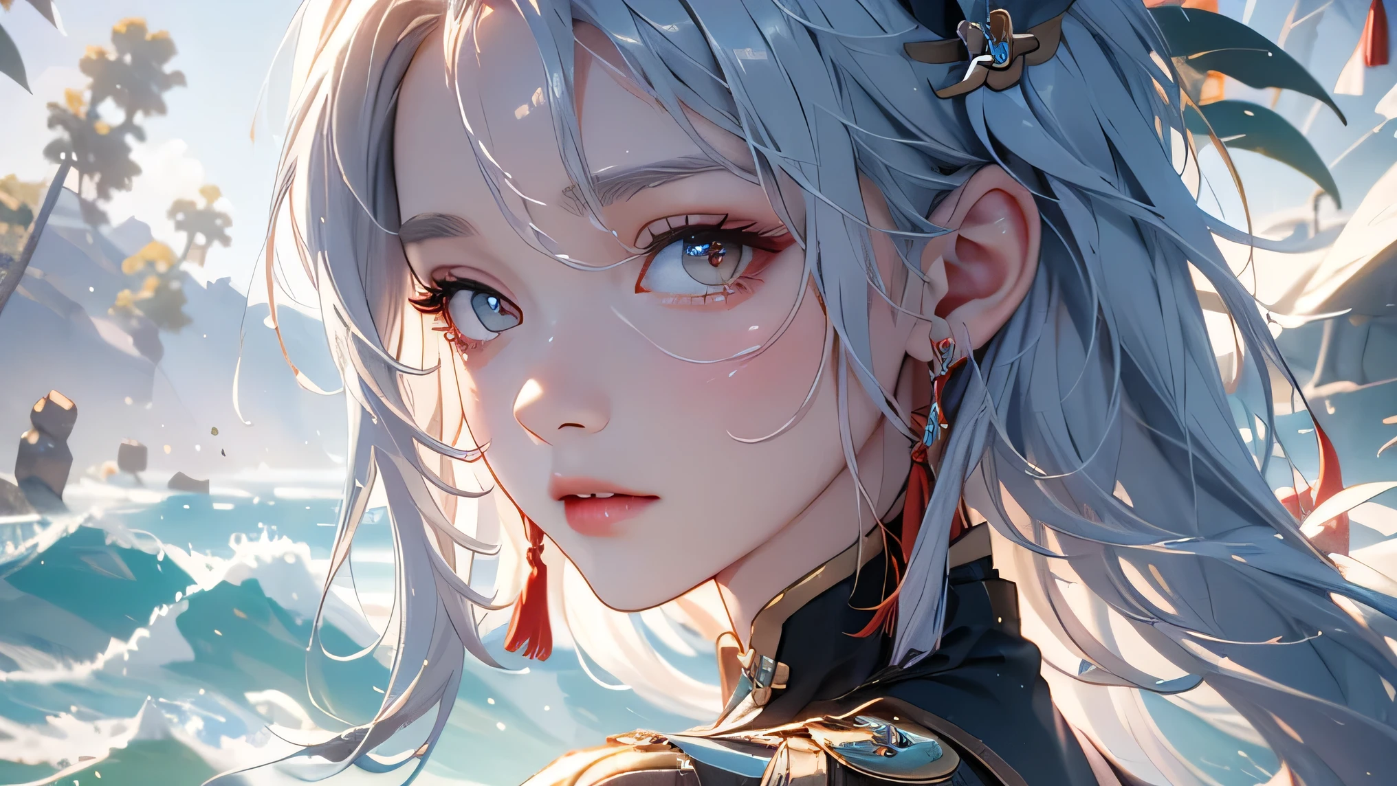 (masterpiece, Highest quality, Highest, Official Art, beautifully、aesthetic, exposed for a long time、Realistic: 1.4), Smooth movement, Captivating patterns, (((shenhe(genshin impact:1.5))))1 girl, No shoulders, chinese girl, (White long hair、Long white hair、Chinese knot), Portraiture, alone, Thin legs、(Chests wrapped in tights、 A white cloth is draped over it.)An ennui look,, Ultra Wide Angle, gaze observer, Detailed Background, Detailed face, (Crystal AI, Crystal theme: 1.1), Wind Spirit, Spinning wind, Controlling the Wind, Black crystal outfit, Dynamic pose, Suspended particles, Spiritual Power, whirlwind, vapor, whirlwind in background, White Tone, whirlwind, Mysterious atmosphere,