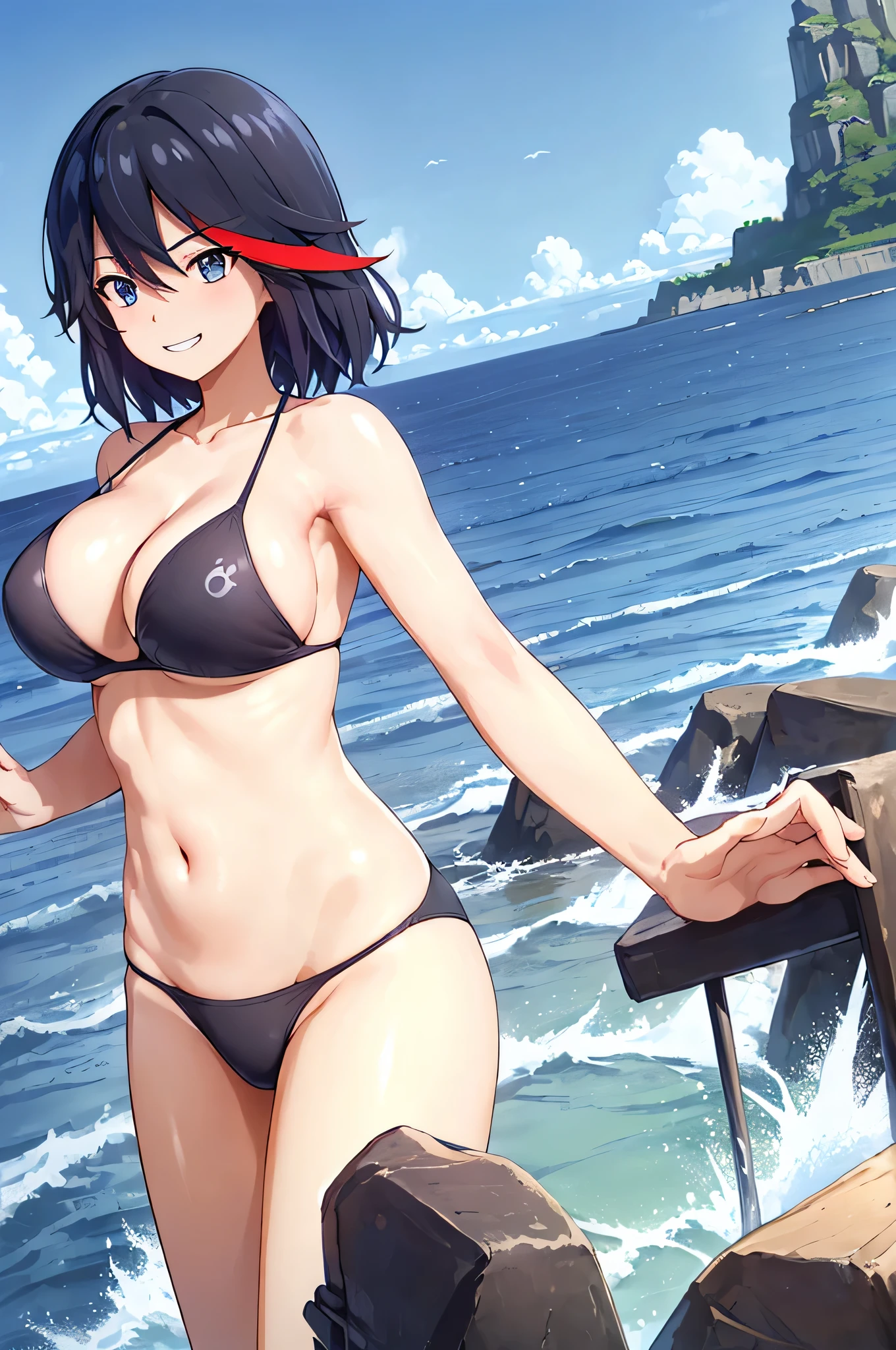 ((masterpiece、highest quality、High resolution、Clear image))、Anime Women、solo、Tall Woman、Black Hair、Strong muscles、bangs、Hair between the eyes、Short Hair、Muscular and strong、Blue Eyes、Red Mesh、Big Breasts、A woman with very large breasts、Dutch Angle、(Black Bikini)、(Triangle Bikini)、cool、sexy、(bikini top with an black、bikini bottom with an black)、Charm、Grin、View your viewers、Cowboy Shot、Outdoor、tropical、sand、Ocean、blue sky、