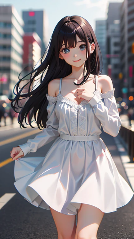 masterpiece, highest quality, One girl, View your viewers, Small waist, RAWphotograph,Hands intricately、Beautiful fingertips、 Ultra-realistic, High resolution, photograph, Sharp focus, Most detailed, Very detailed, Super detailed, In detail, Very detailed目と顔,Very detailed手と指、Idol、Thighs, beautiful girl,View your viewers, Small waist,Symmetrical face, whole body、White lace skin tight dress、No sleeve、White lace tight skirt、White lace knee socks、Cleavage、Large Breasts、Beautiful clavicle、Long Hair、はだけたThighs、Beautiful navel、美しいCleavage、The bouncing breasts、grass、Shyness、Happy expression、First Date、Shibuya