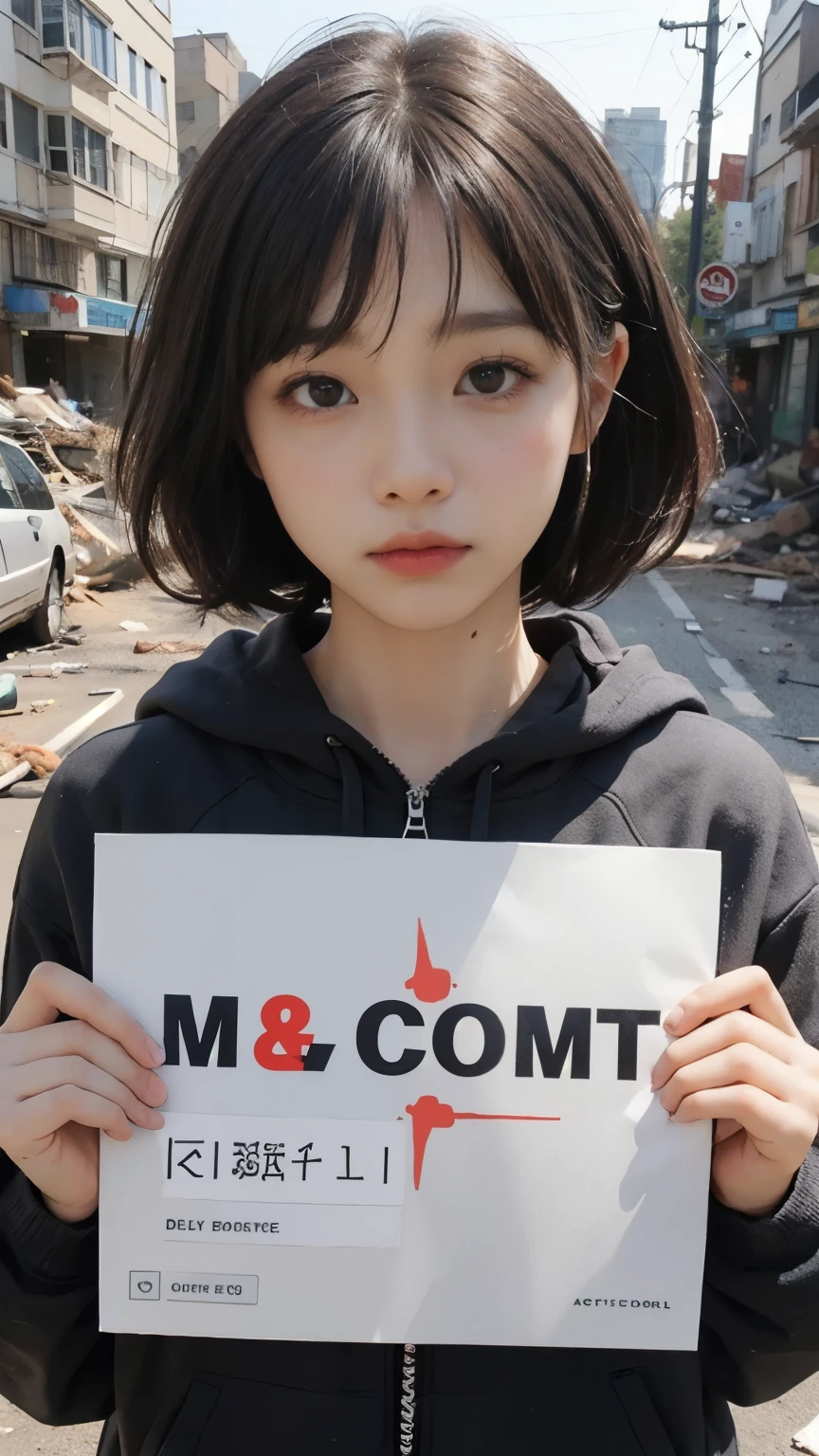 Bobcut,((Begging in the downtown area)),23 years old,(((Homeless))),Bad complexion,It smells bad,Full of trash,Korean women,Pitch black,Tattered clothes,((( in a destroyed city,Oil,Mud stains,shit,dirty))),(((Frowning,カメラをGlaring))),((((Rubble pile))),After the disaster,Very fine eye, (((He&#39;s wearing a tattered and dirty black hoodie.,Wearing ripped pants))),(((Collapsing Building))),(((Tragic))),((photograph)),(((Fabric Shading))), (((highest quality))), (((masterpiece))) strong girl, ((((Realistic)))),,Black Hair, chic hairstyle, ((With bangs,ストレートミディアムBobcut, nice hair)), Light makeup,Red eyes, (((I&#39;m not wearing lipstick))), (nice, strong), (((Strong night atmosphere))), Centered Images, Looking at the camera, Elegant colors,Realistic Skin,Realistic texture,８k,whole body,Pale skin,Red iris,Expressionless,Glaring,Perfect Face,(((Big eyes))),Holding a blank board