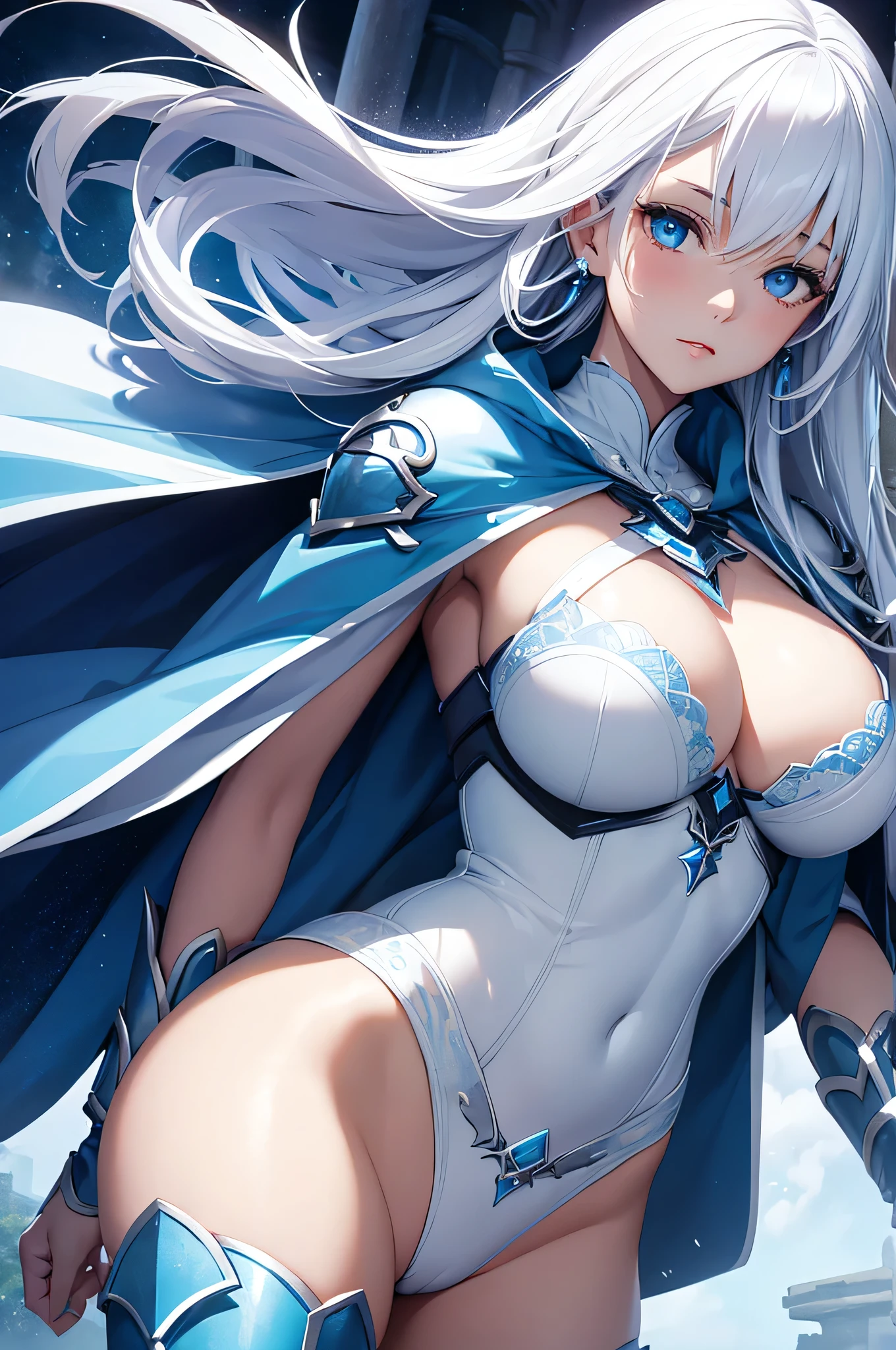 beautiful girl, White Hair, Blue eyes, White armor like underwear、 Big Breasts、Blue Cape、Blue Necklace、In close range、Blue earrings、Emphasize the chest、Big blue sword