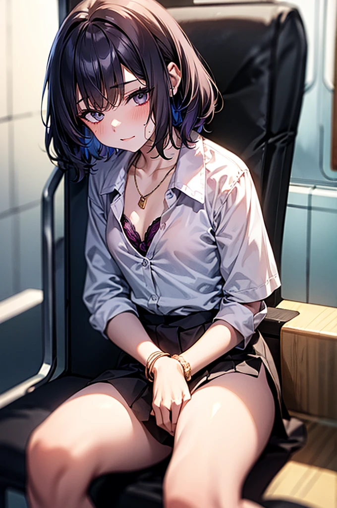 1 girl ,highest quality, Ultra-high resolution, Highly detailed skin, Physically Based Rendering, Small breasts, Flat Chest, Down blouse,(14 year old Japanese student, Decorative fine bra , Overlap short sleeve blouse, Small breasts, Sensual ),Sitting, Crouching on the train, short hair, necklace ,close,From top left ,Focus on the chest ,High brightness