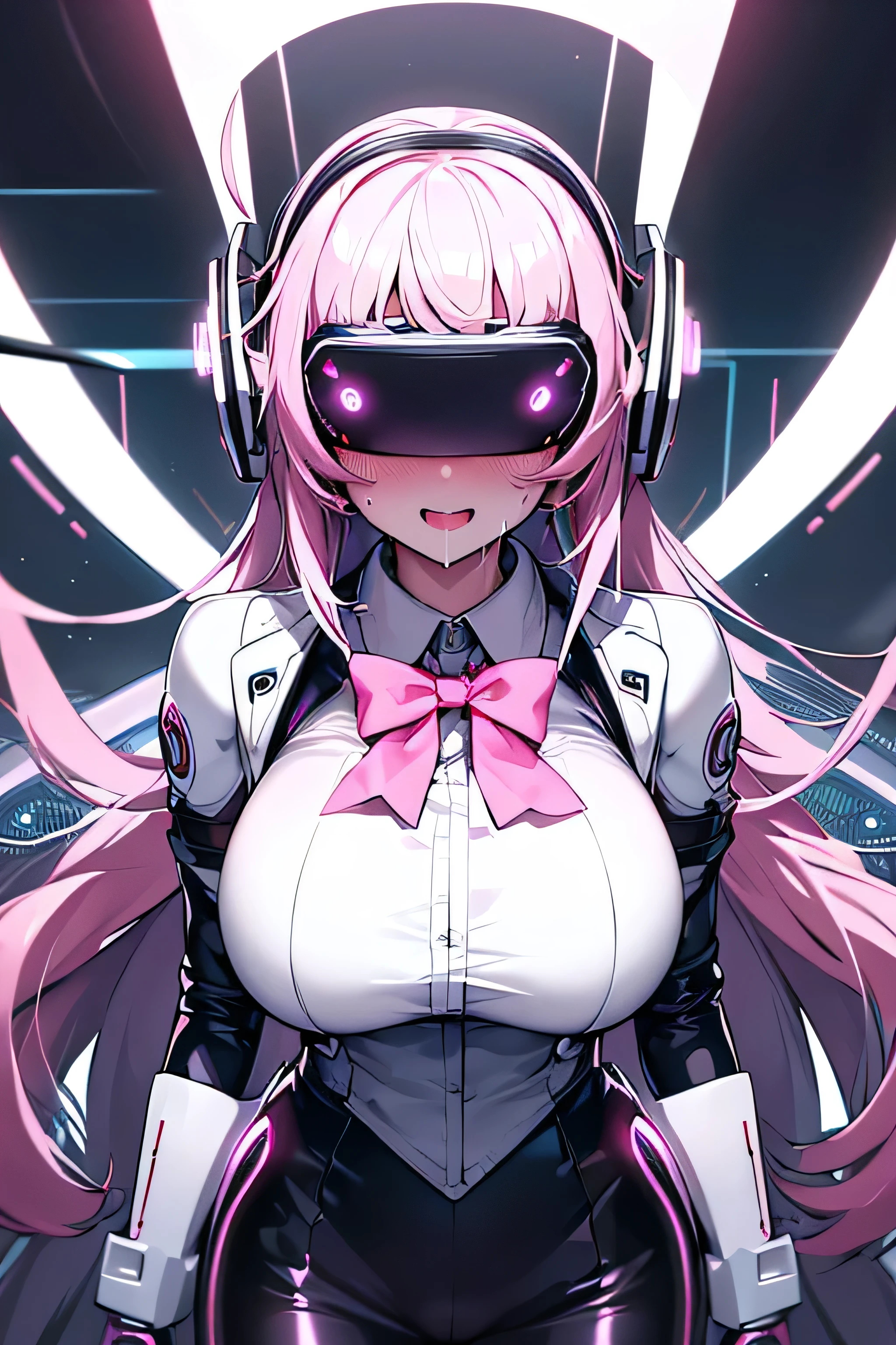 Anime cyborg girl sitting in a pilot seat wearing a virtual reality headset covering her eyes on her face with machinery and tubes and wires going inside her head and brain, (Best quality,highres:1.2), ultra-detailed, (realistic:1.3), cyberpunk, futuristic, portrait, shiny revealing latex outfit, cyber implants, virtual reality, drooling face, cables plugging into brain, shirt collar, bowtie, formal clothing, open mouth smile, facing viewer, girl is vibrating, glowing virtual reality headset, relaxed expression, blushing, cyber future formal wear, cyberpunk, futuristic, brain drain, cyber implants, virtual reality, drooling face, virtual reality headset covering eyes,  , big collar, high collar, open mouth smile, pleasured face expression, skin tight clothing, big shirt collar, big bowtie, biggest breasts in the world, light-emitting cable connected to brain, head antennas, oversized headphones, breasts are vibrating, open mouth drooling, blank expression, red face blush, cyborg, android, mechanical creature, mechanical torso, futuristic cyberpunk cyborg body, slim futuristic android, glowing lights on girls body, power cells, head is emitting pink light, formal shirt collar, big formal bowtie, , glowing nipples, big shirt collar, high collar, white collar, electrocution, girl being electrocuted, electricity, electricity sparks, pink hair, short hair, neon pink hair, body modification, orgasm, pleasure, (VR headset covering the eyes), vibrating breasts, vibrating girl, intense vibration, glowing nipples, lightbulb nipples, girl wearing large VR headset, glowing eyes, blank eyes, focused face expression, buttoned up white dress shirt, formal shirt with huge collar