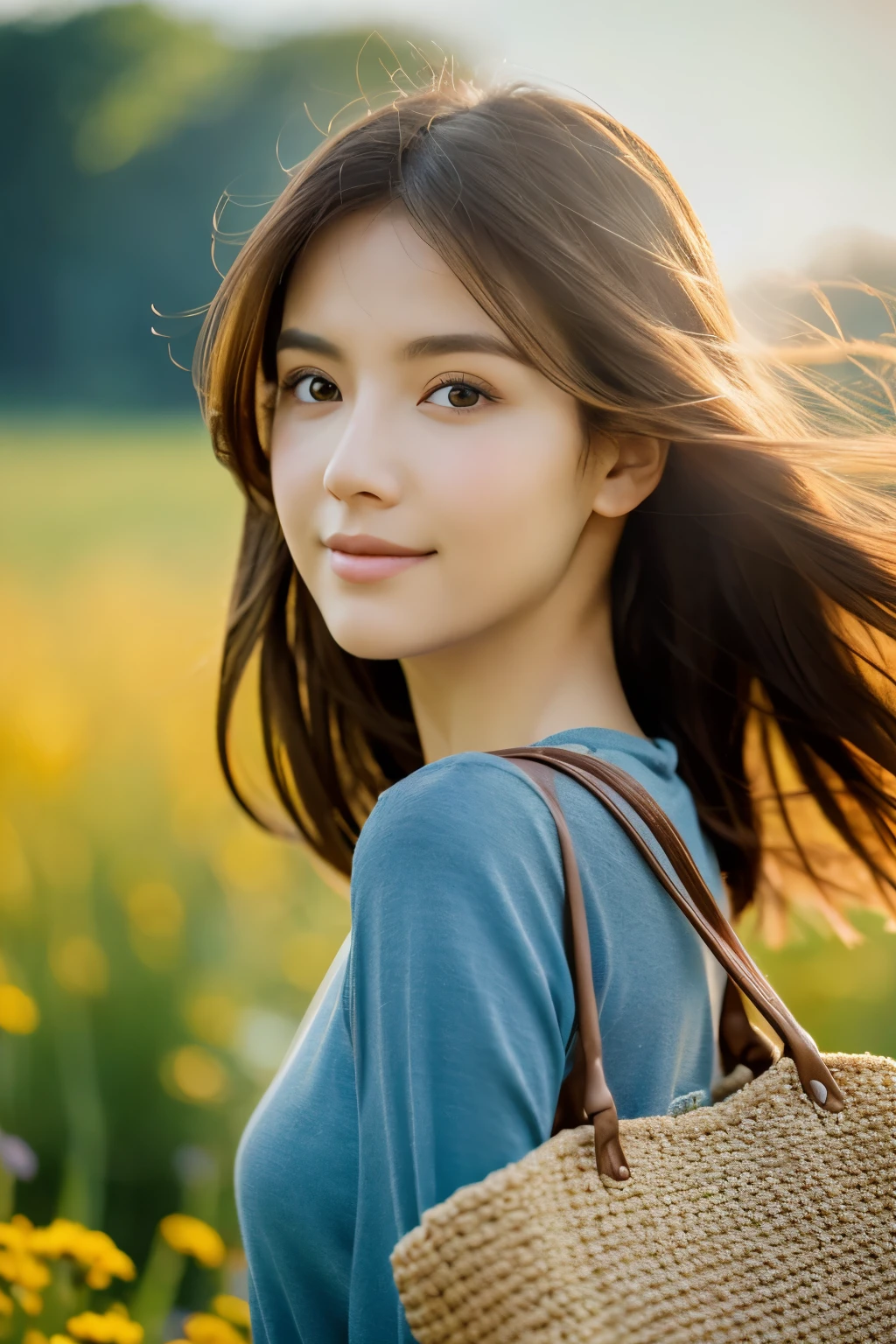high quality, 8K Ultra HD, masterpiece, beautiful girl, A digital illustration of anime style, digital paintings of her, beautiful face, A beautiful girl walking with a bag on a grassy field, surrounded by a vast expanse of greenery and wildflowers, Her hair is gently swaying in the breeze, and the sun is shining down on her, casting a warm glow on her skin, heroines, delicate skin, beautiful hair, large eyes, three dimensional effect, enhanced beauty, Albert Anker, Feeling like Albert Anker, Kyoto Animation, Feeling like Kyoto Animation, brown hair, a little smile, luminism, black eye, 3d render, octane render, cinematic, Isometric, by yukisakura, awesome full color, 