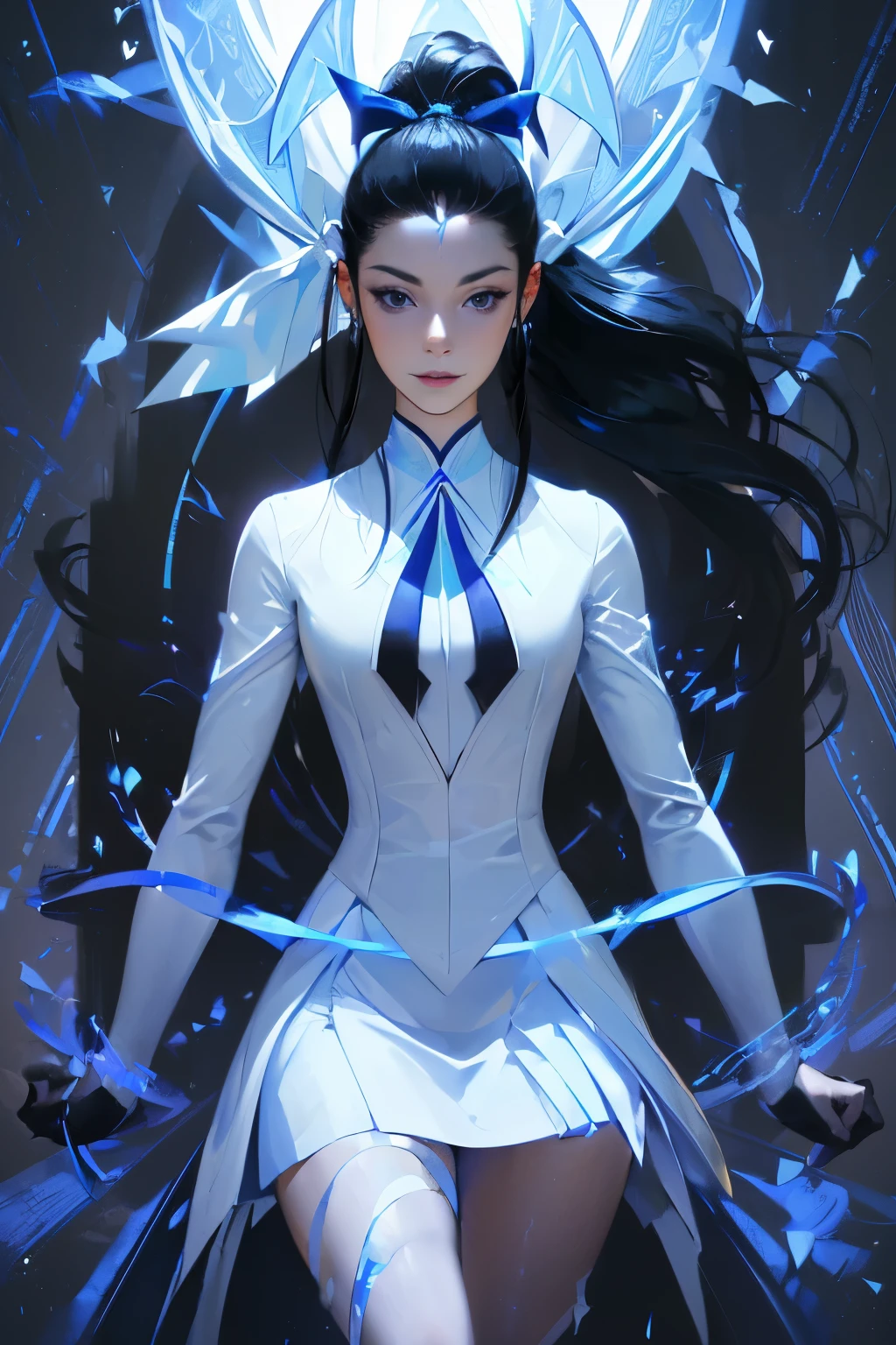 masterpiece, top quality, high resolution, Very detailed, Detailed background,(Lauren Chrome, (Black Hair, Semi-long hair, Ponytail Blue Ribbon),(White shirt, Blue short ribbon tie, Blue long skirt), small, Neat, black eyes,study, Gentle smile), Horizontal Scaling, Chic study room, vase