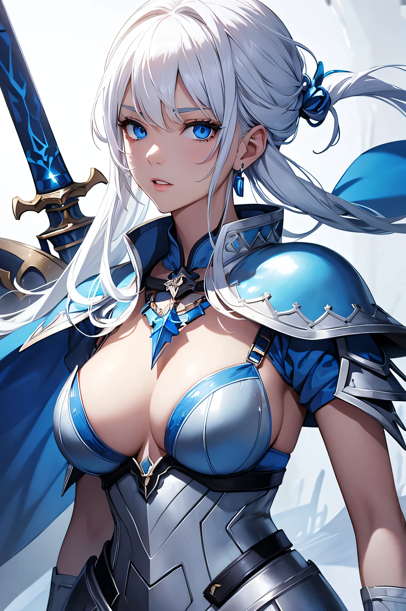 beautiful girl, White Hair, Blue eyes, White armor like underwear、 Big Breasts、Blue Cape、Blue Necklace、In close range、Blue earrings、Emphasize the chest、Big blue sword