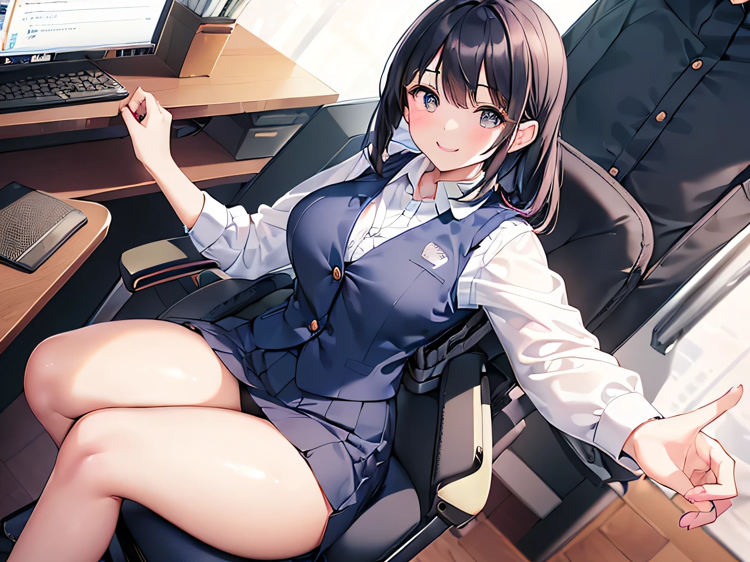 japanese, solo, large breasts, brown hair, bangs, embarrassed, (natural make:1.2), dynamic angle, high res, (photo realistic:1.2), (highly detailed:1.1), desk, ((Blue suit, Blue tight skirt, Black pantyhose, high-heels)) office chair, smile,(computer), detail brassiere, delicate background, bokeh, professional lighting, physically-based rendering, cleavage,